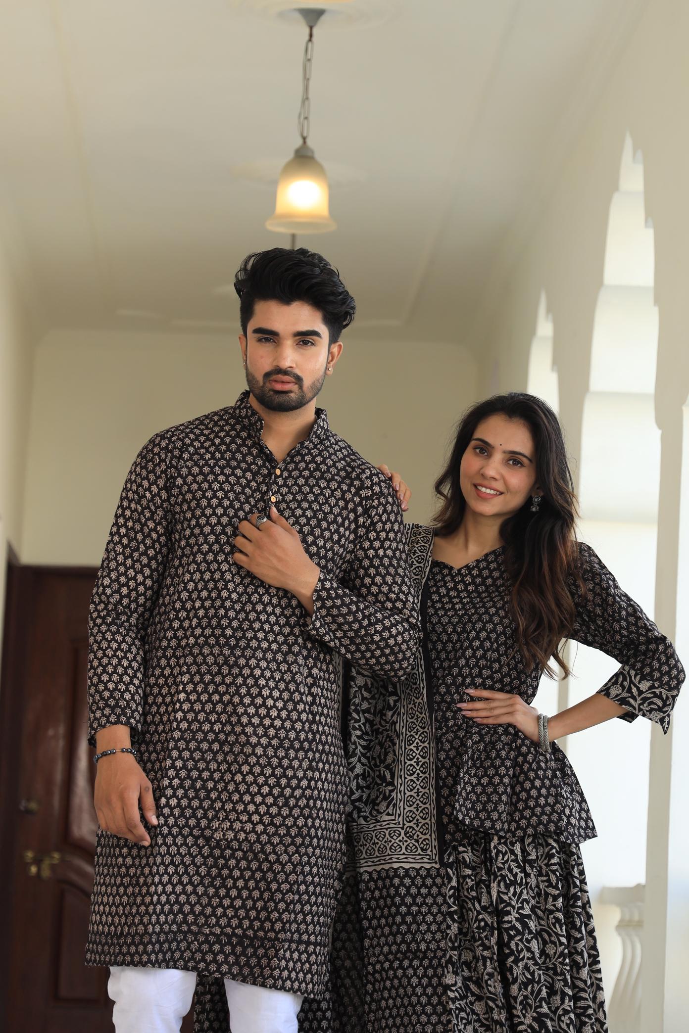 Black and Beige Hand-Printed Cotton Chaniya Choli & Kurta Couple Set