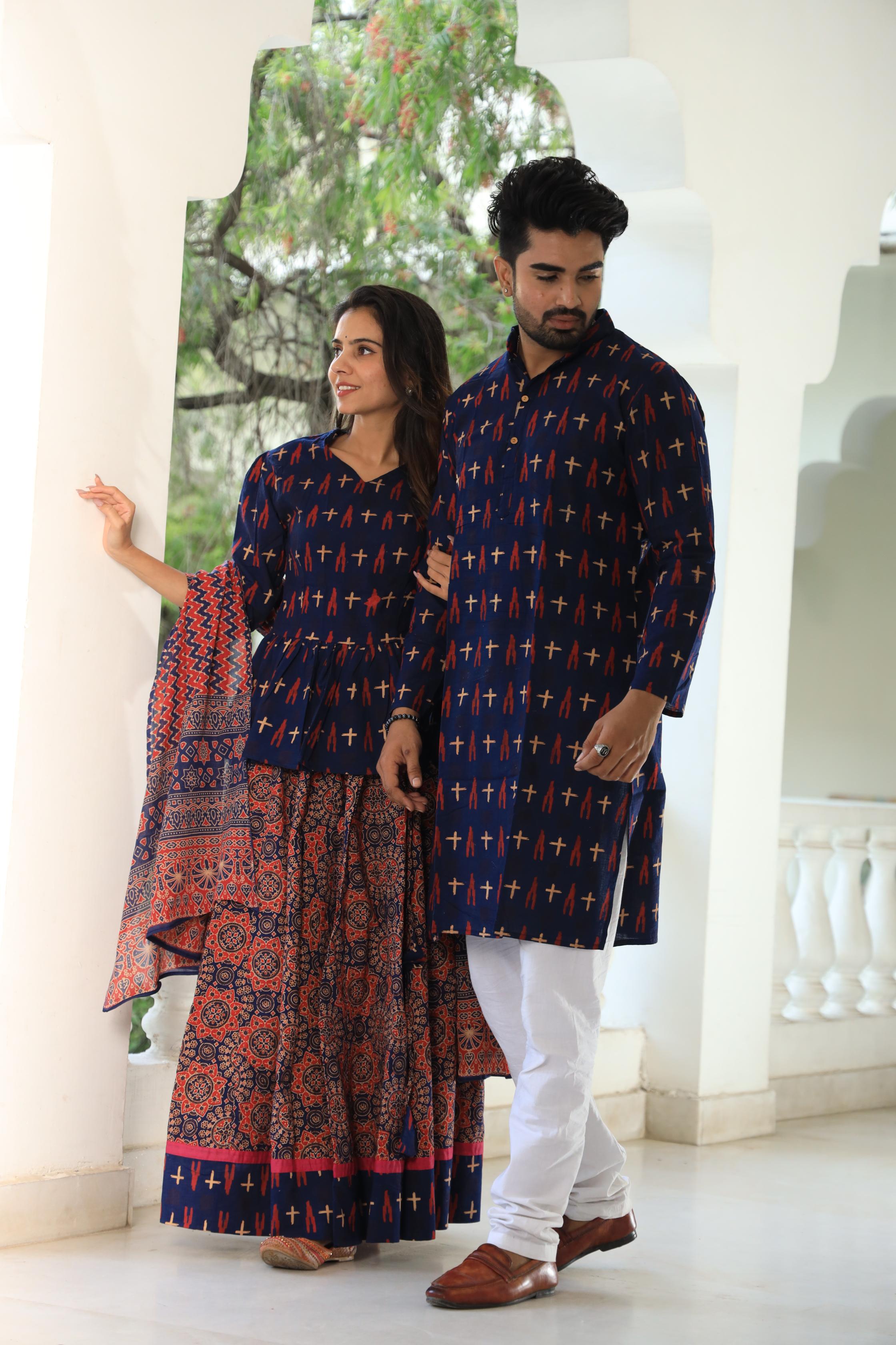 Deep Blue Hand-Printed Cotton Chaniya Choli & Kurta Couple Set