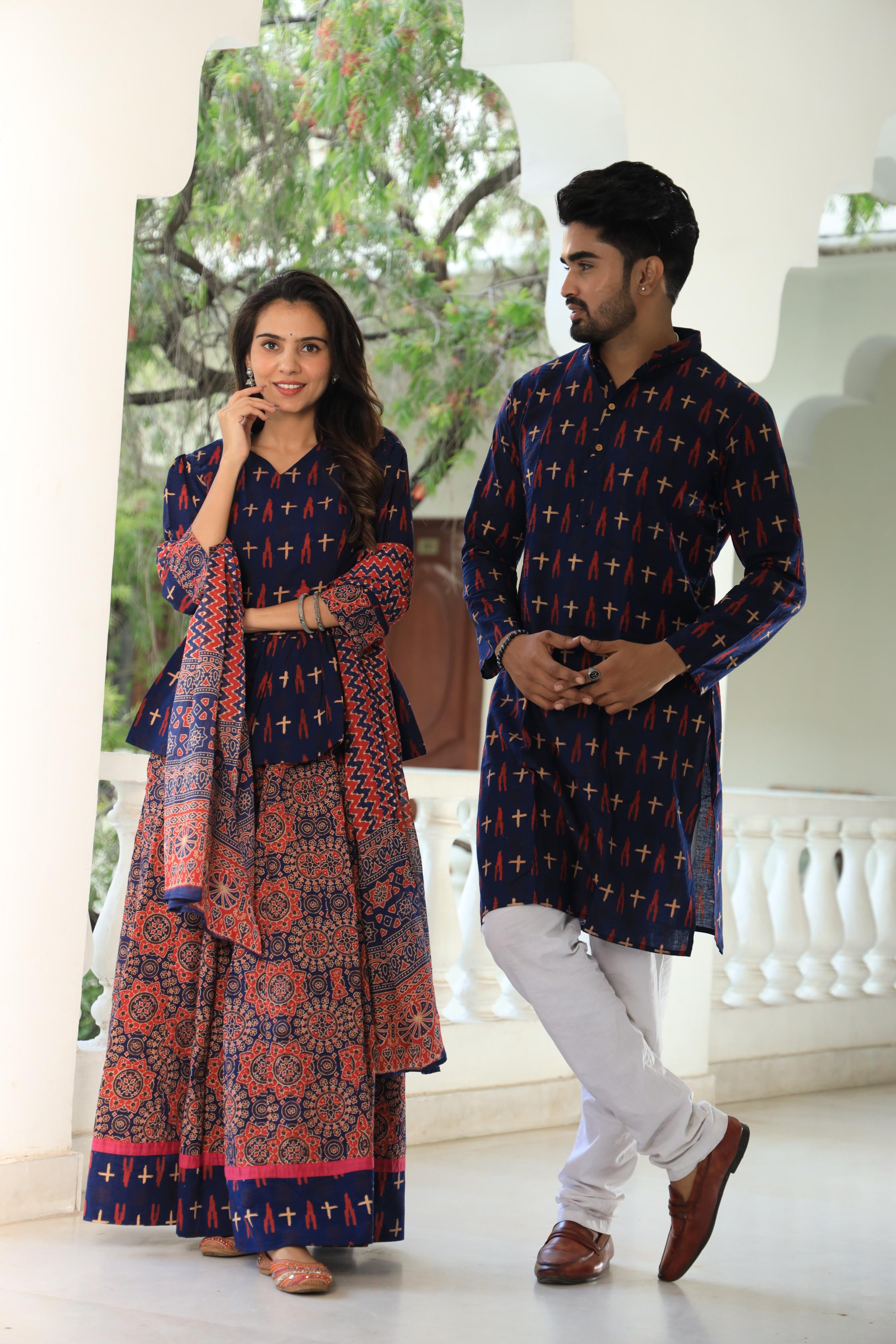Deep Blue Hand-Printed Cotton Chaniya Choli & Kurta Couple Set