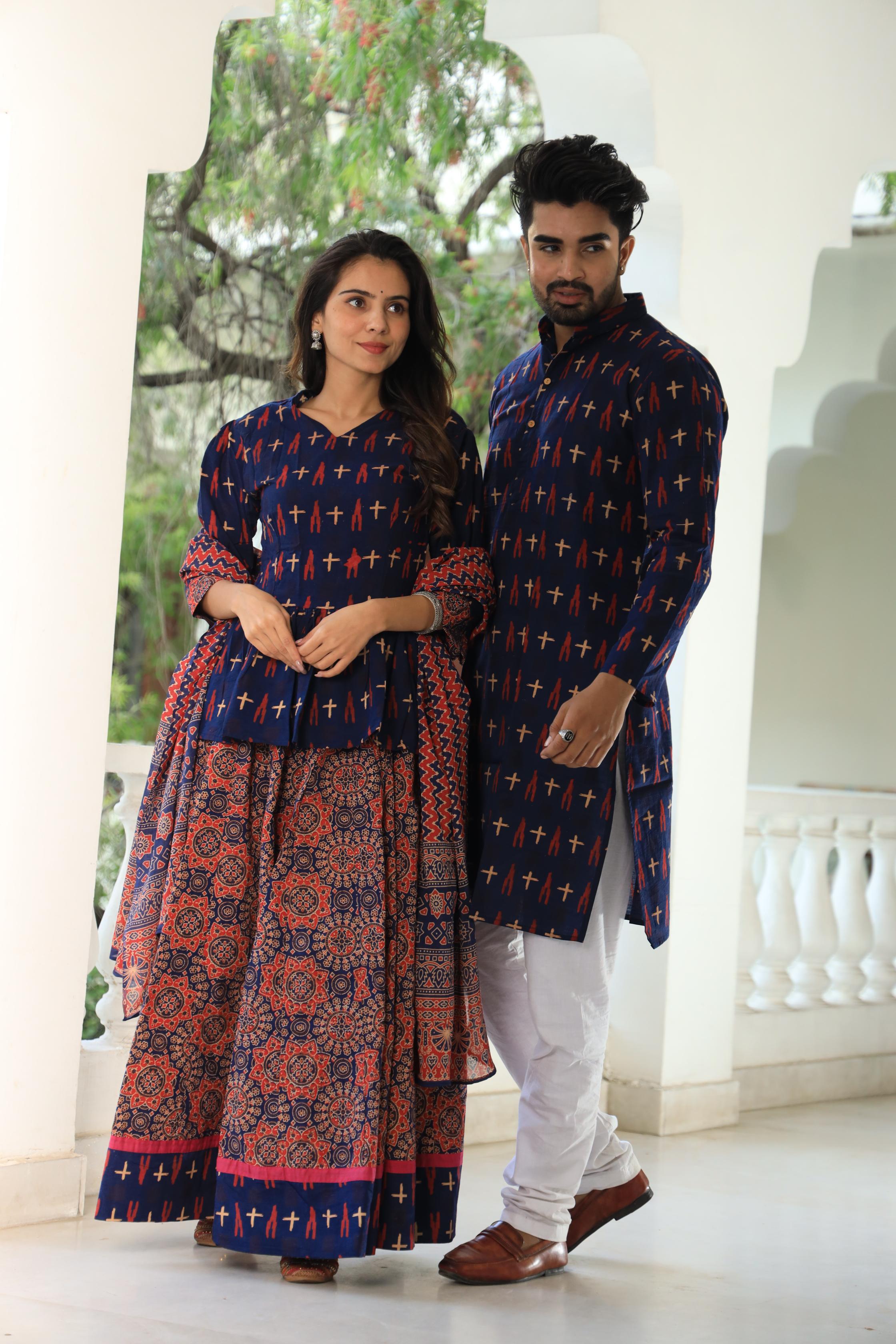 Deep Blue Hand-Printed Cotton Chaniya Choli & Kurta Couple Set