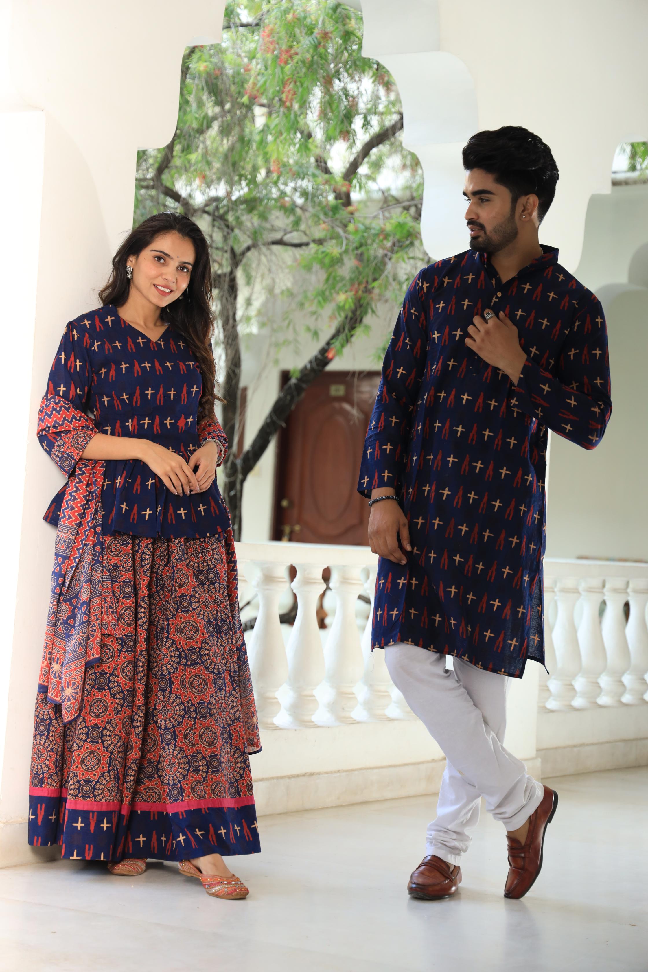 Deep Blue Hand-Printed Cotton Chaniya Choli & Kurta Couple Set