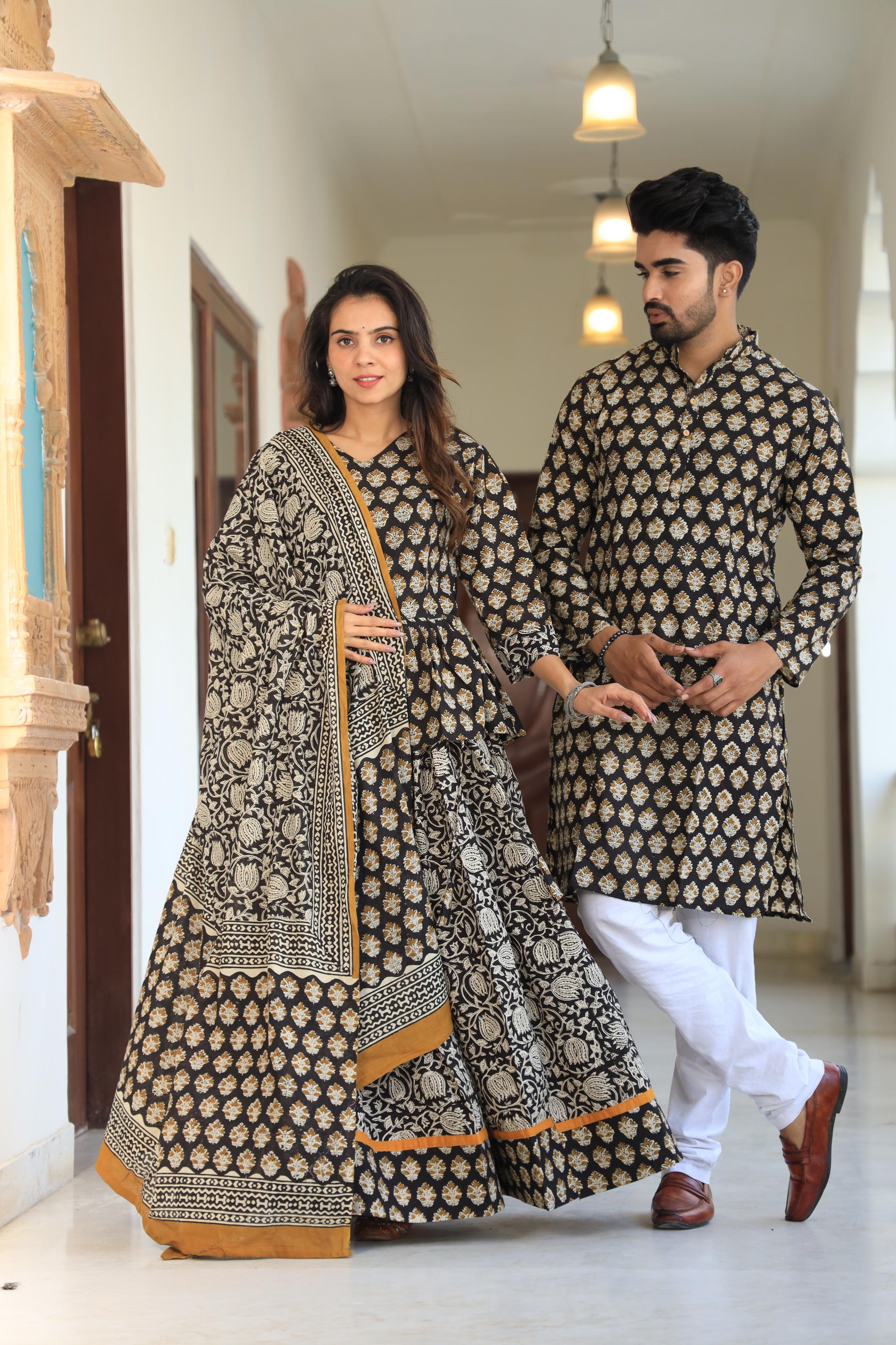 Black & Mustard Hand-Printed Cotton Chaniya Choli & Kurta Couple Set