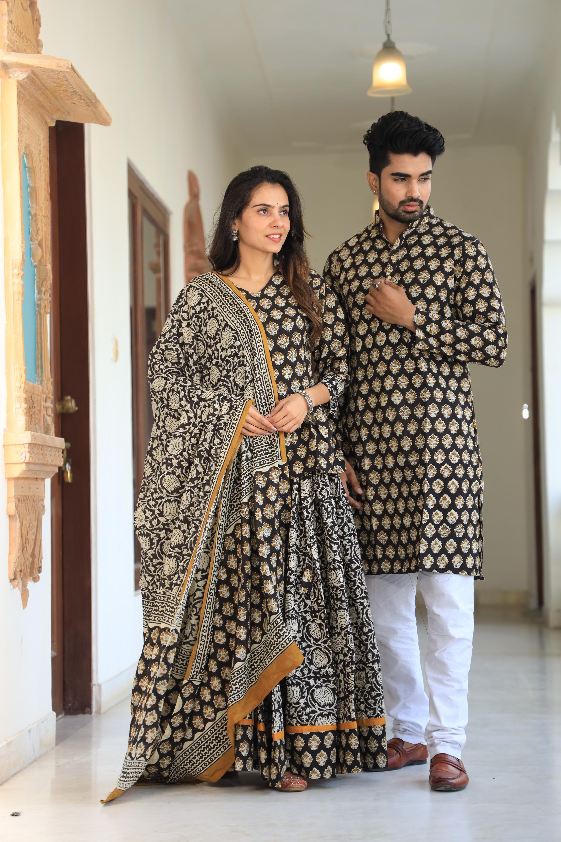 Black & Mustard Hand-Printed Cotton Chaniya Choli & Kurta Couple Set