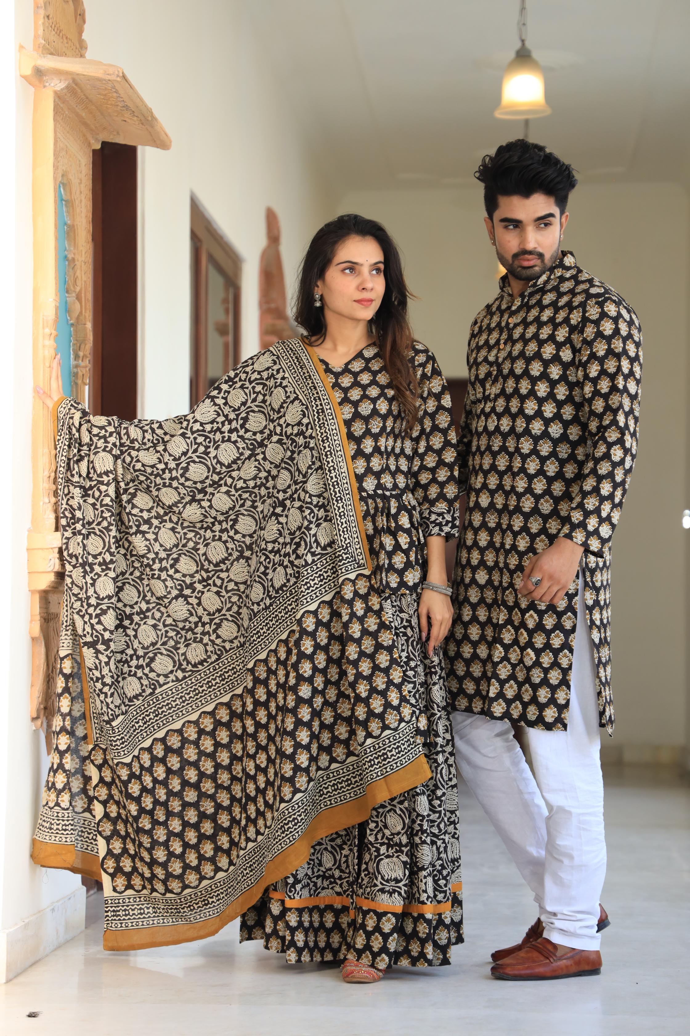 Black & Mustard Hand-Printed Cotton Chaniya Choli & Kurta Couple Set