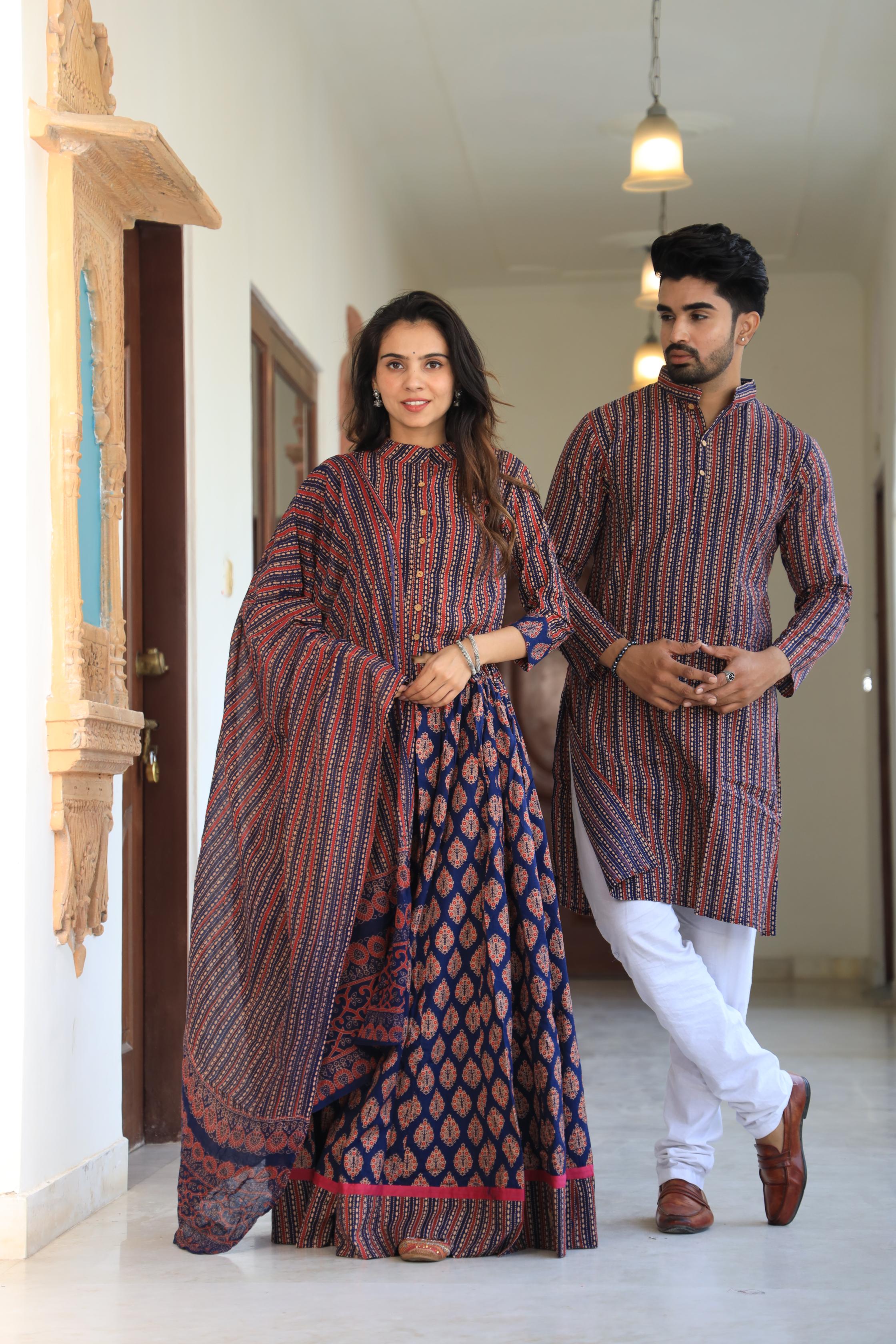 Navy Blue Striped Hand-Printed Cotton Chaniya Choli & Kurta Couple Set