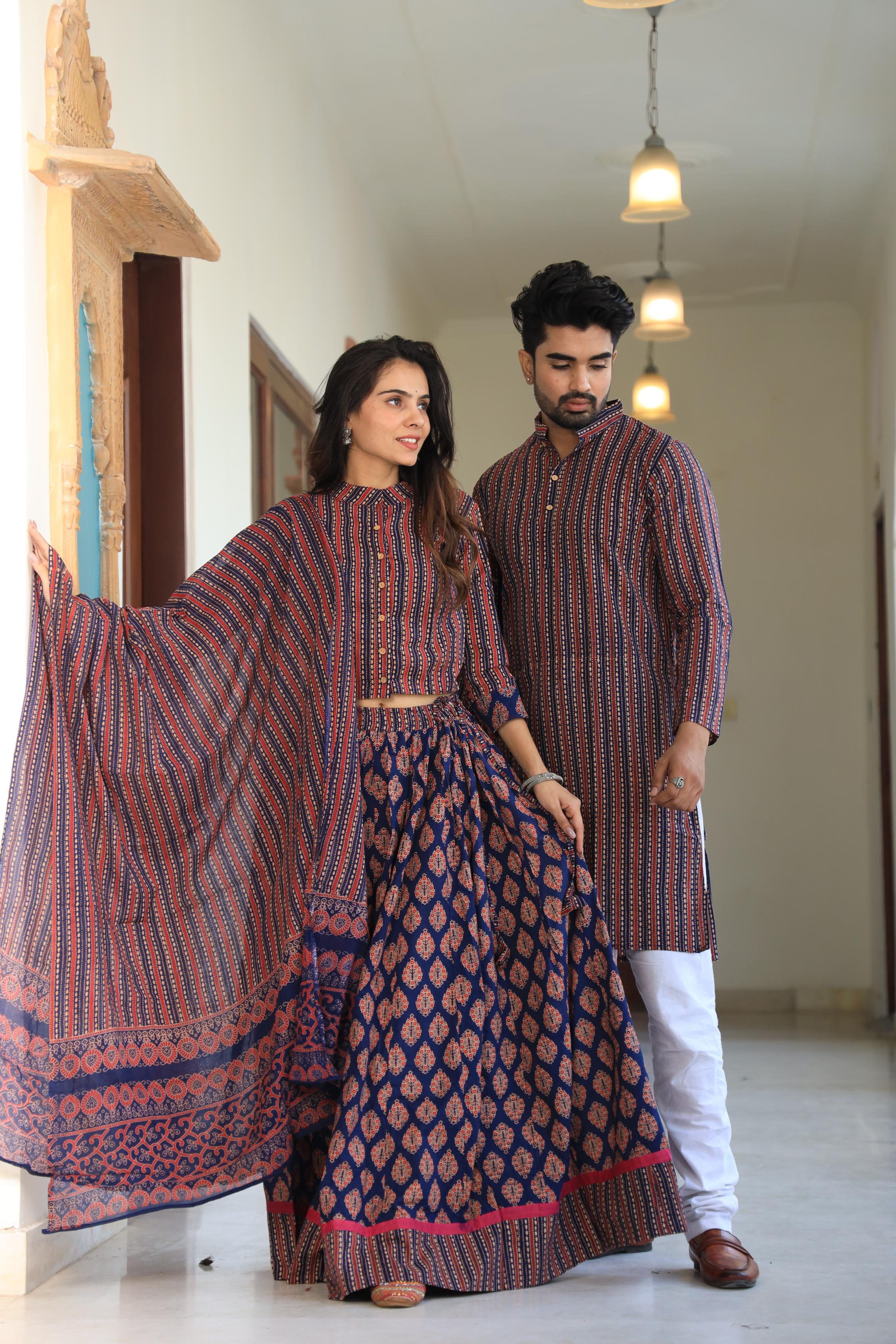 Navy Blue Striped Hand-Printed Cotton Chaniya Choli & Kurta Couple Set