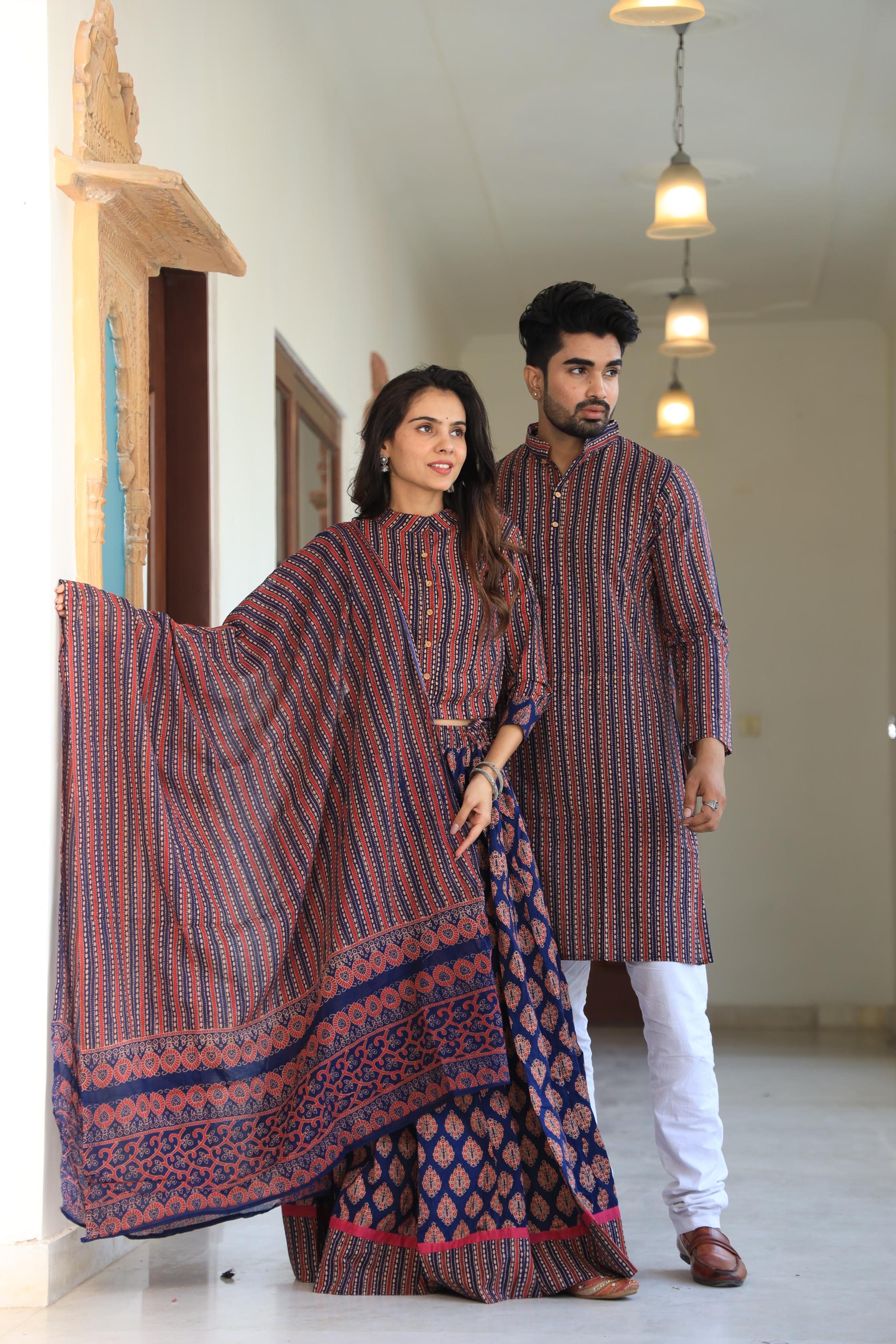 Navy Blue Striped Hand-Printed Cotton Chaniya Choli & Kurta Couple Set