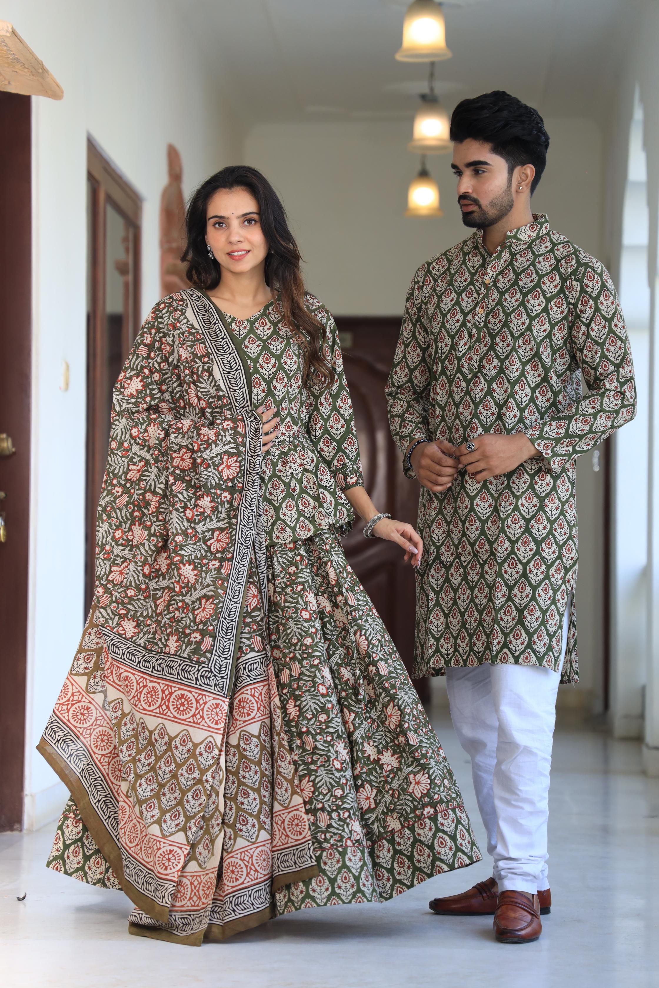 Olive Green Hand-Printed Cotton Chaniya Choli & Kurta Couple Set