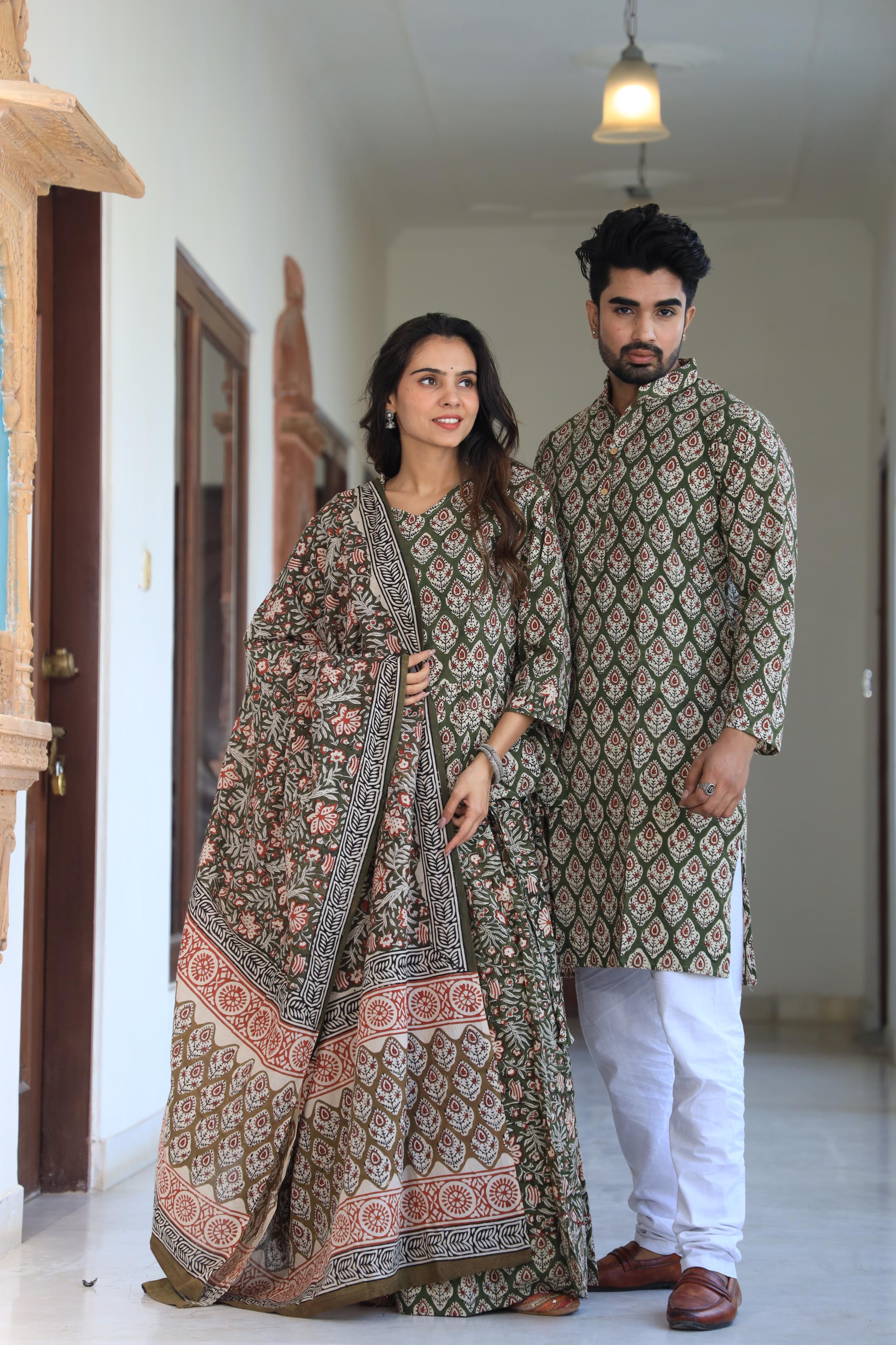 Olive Green Hand-Printed Cotton Chaniya Choli & Kurta Couple Set