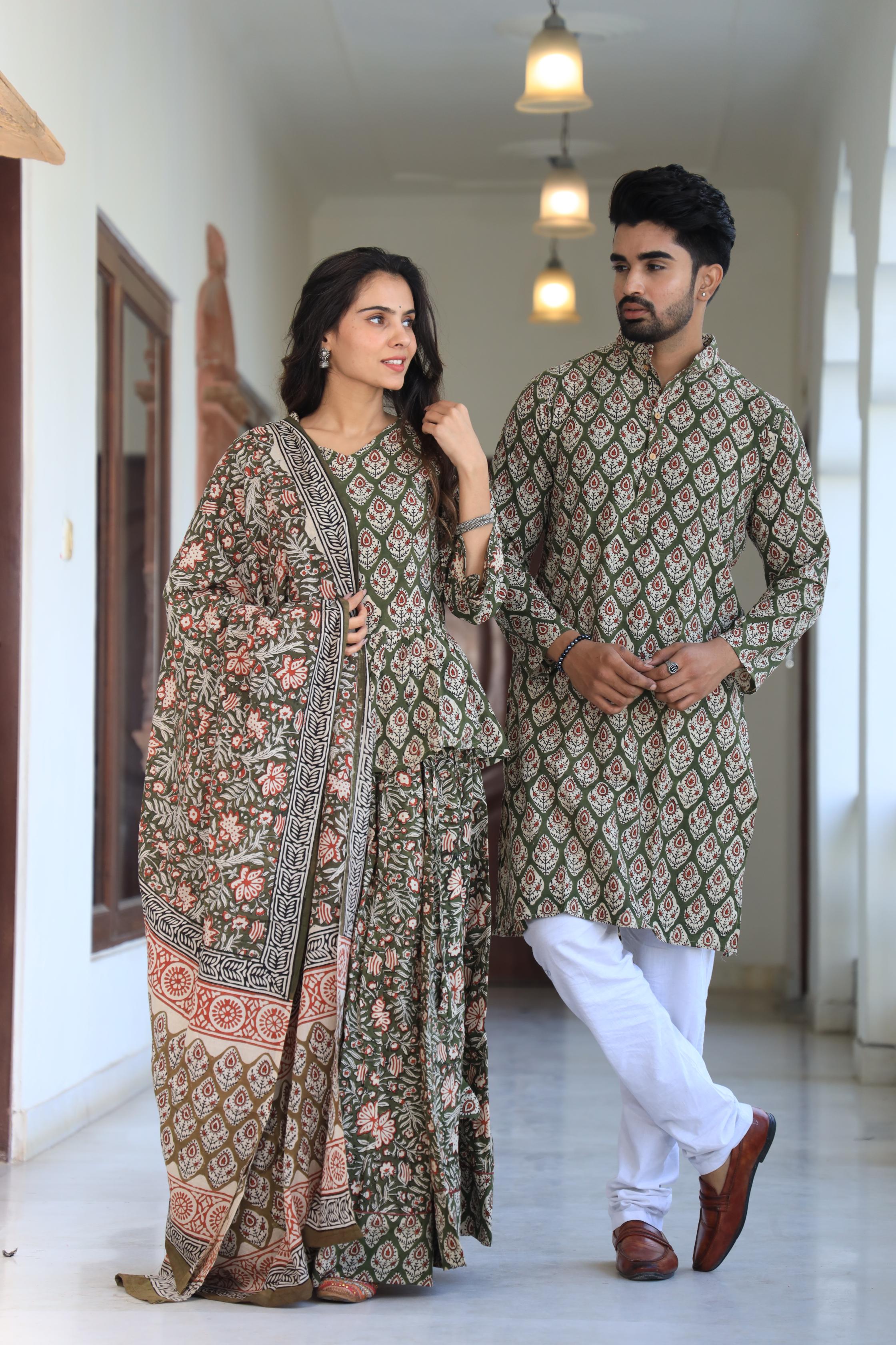 Olive Green Hand-Printed Cotton Chaniya Choli & Kurta Couple Set