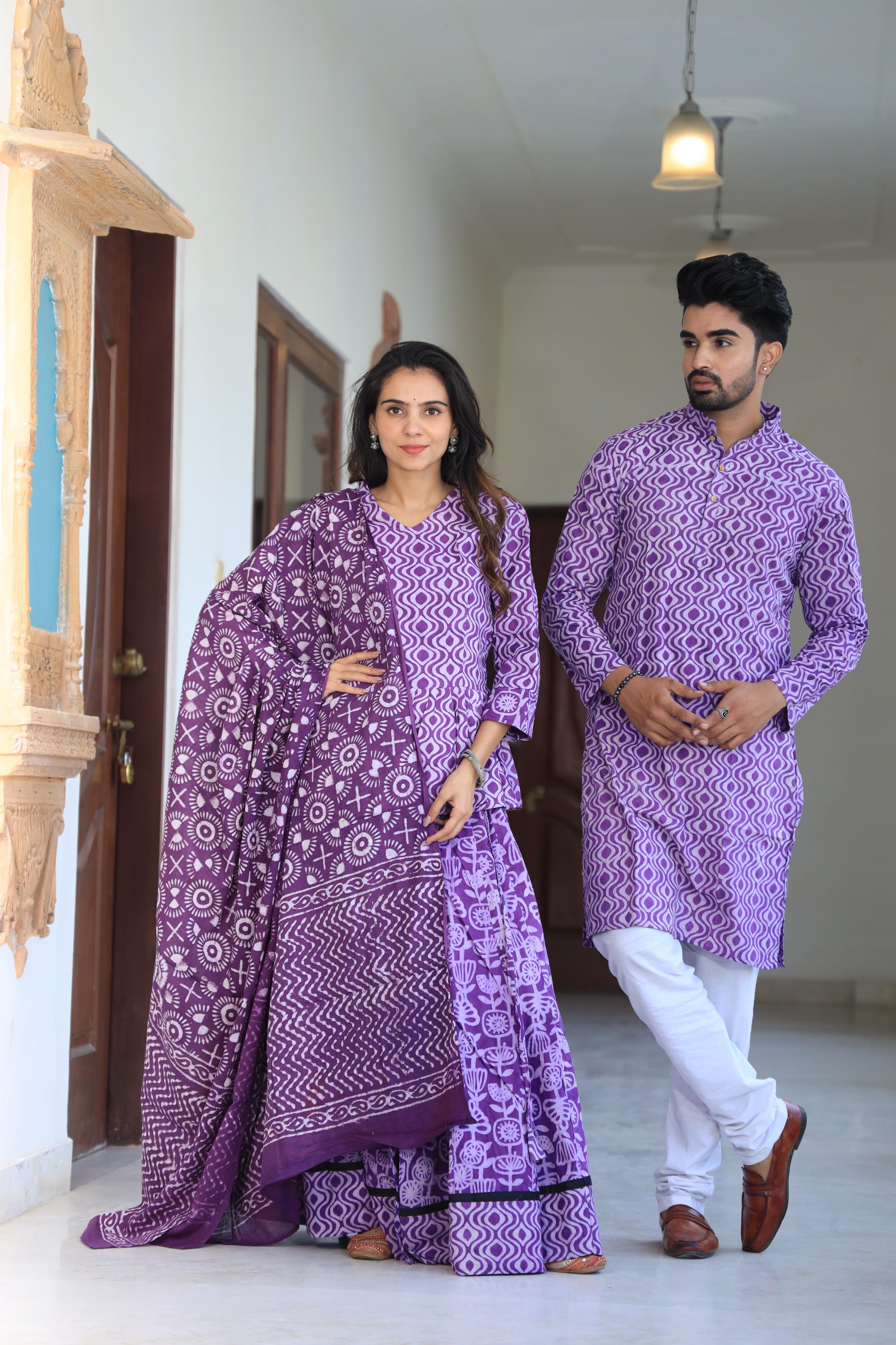 Purple Geometric Hand-Printed Cotton Chaniya Choli & Kurta Couple Set