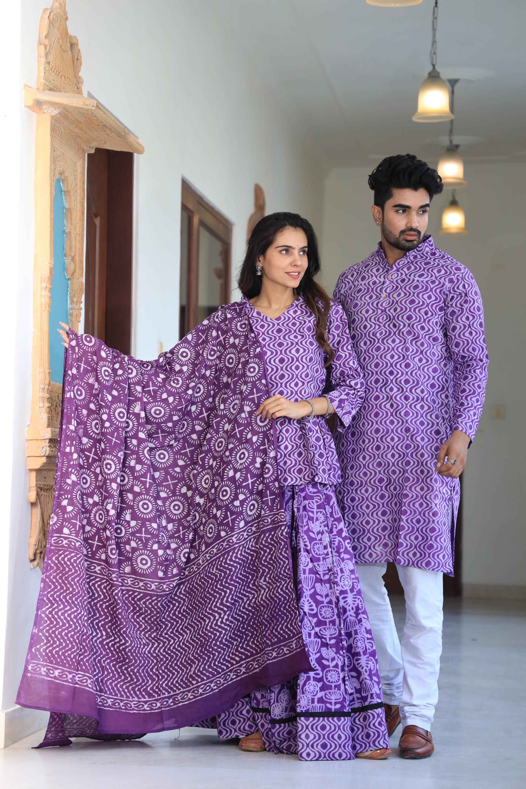 Purple Geometric Hand-Printed Cotton Chaniya Choli & Kurta Couple Set