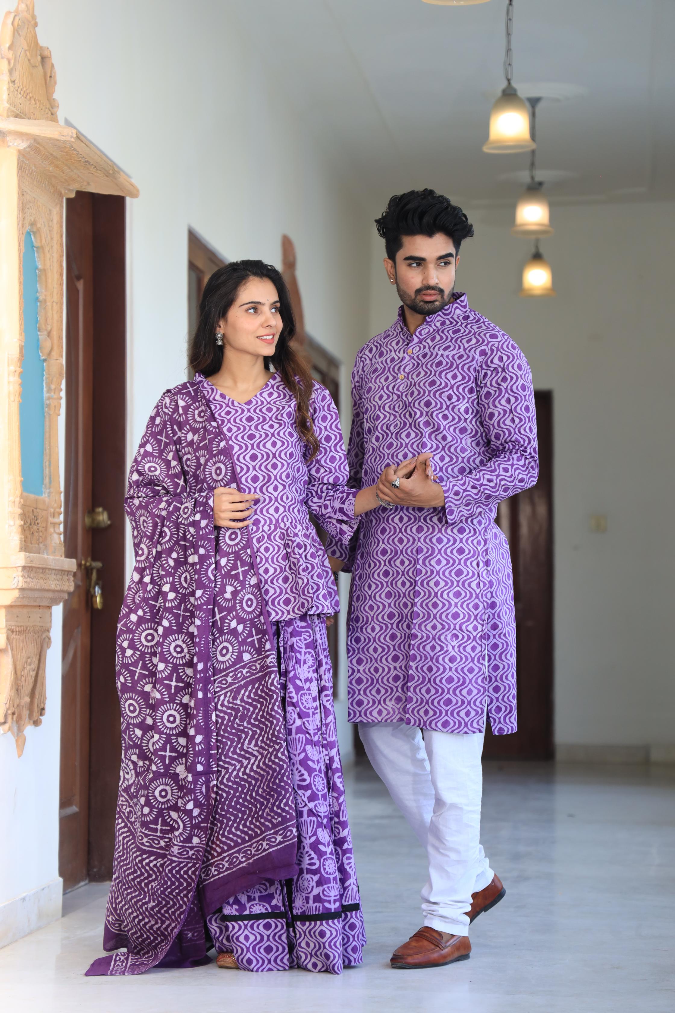 Purple Geometric Hand-Printed Cotton Chaniya Choli & Kurta Couple Set