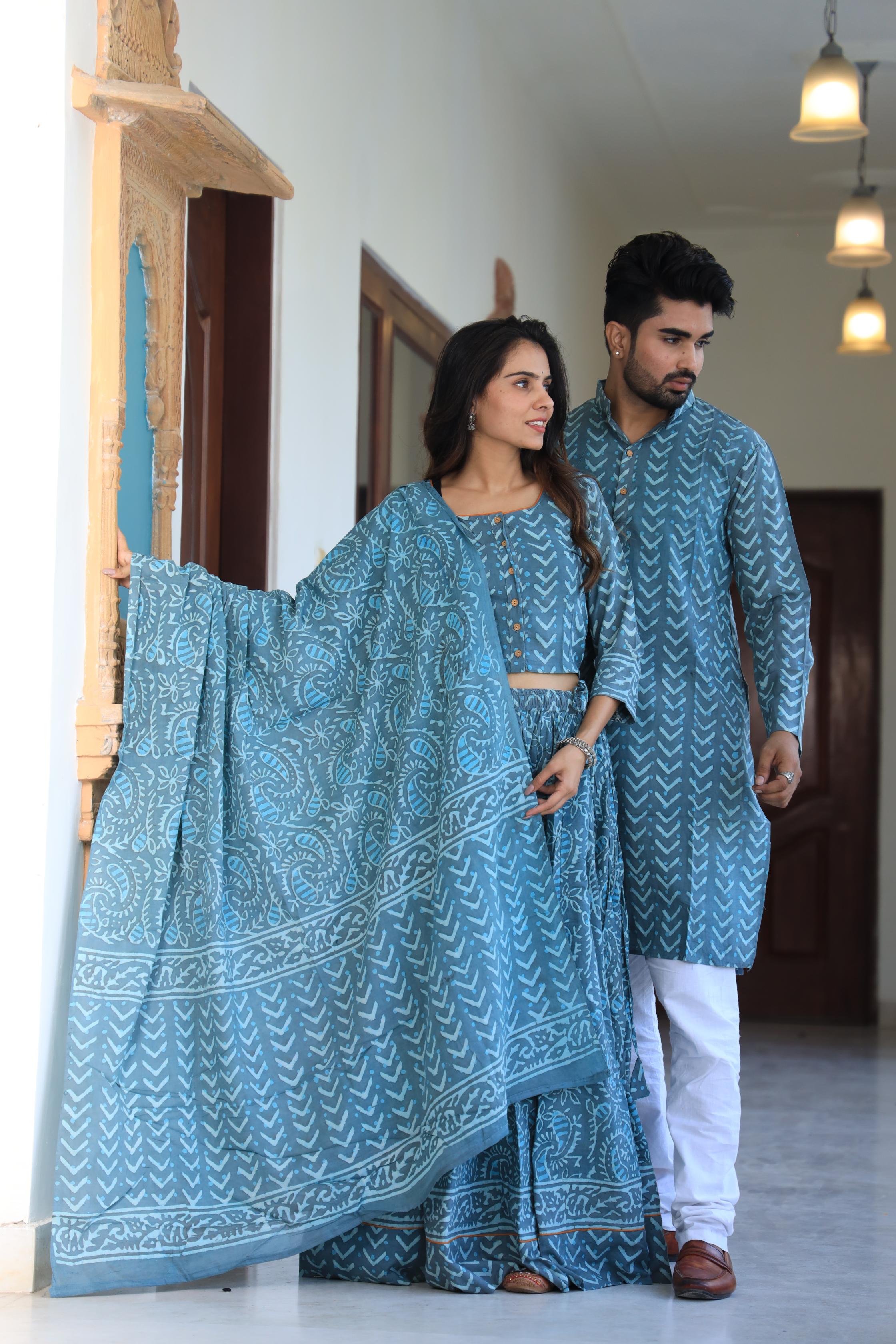 Slate Blue Chevron Hand-Printed Cotton Chaniya Choli & Kurta Couple Set