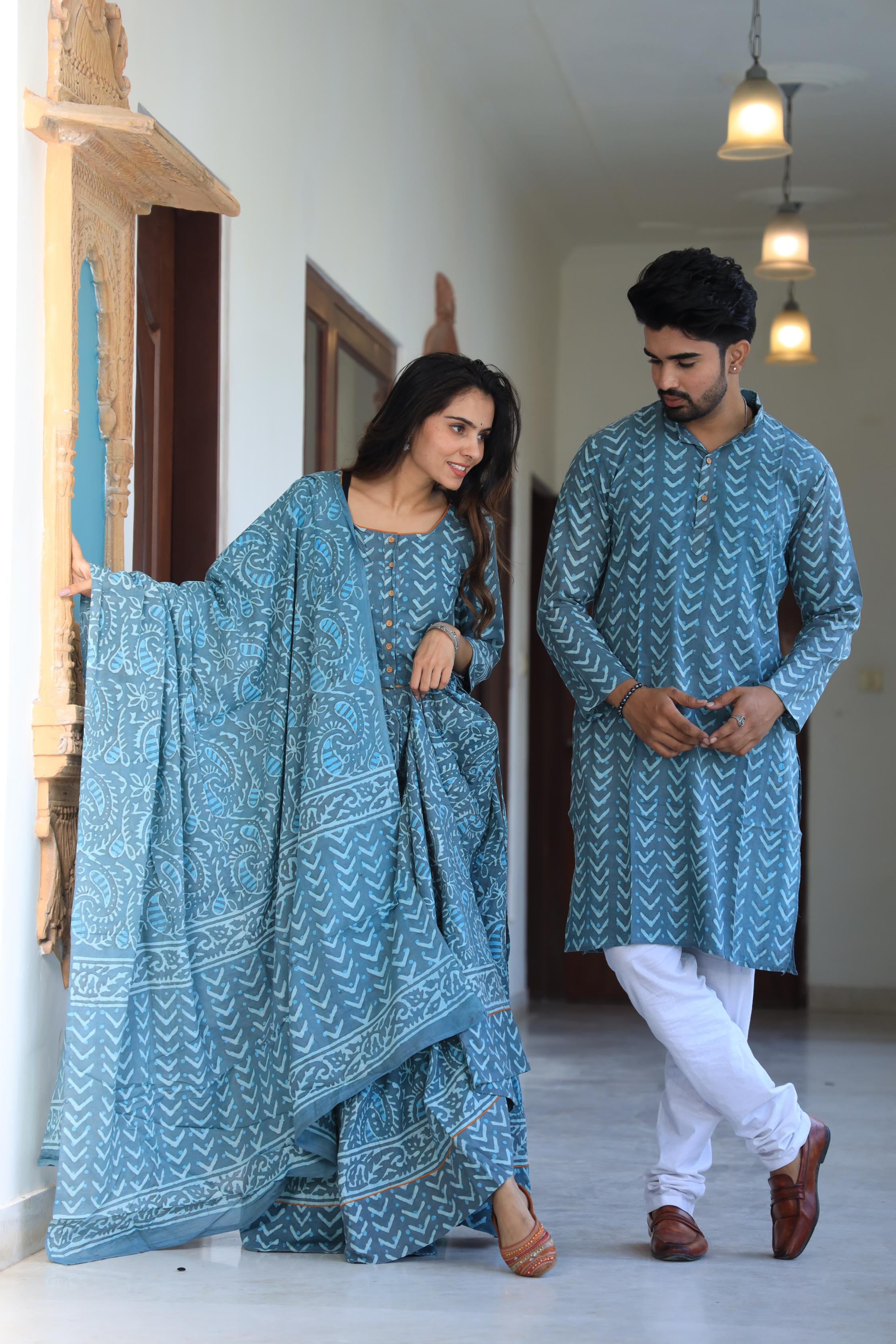 Slate Blue Chevron Hand-Printed Cotton Chaniya Choli & Kurta Couple Set