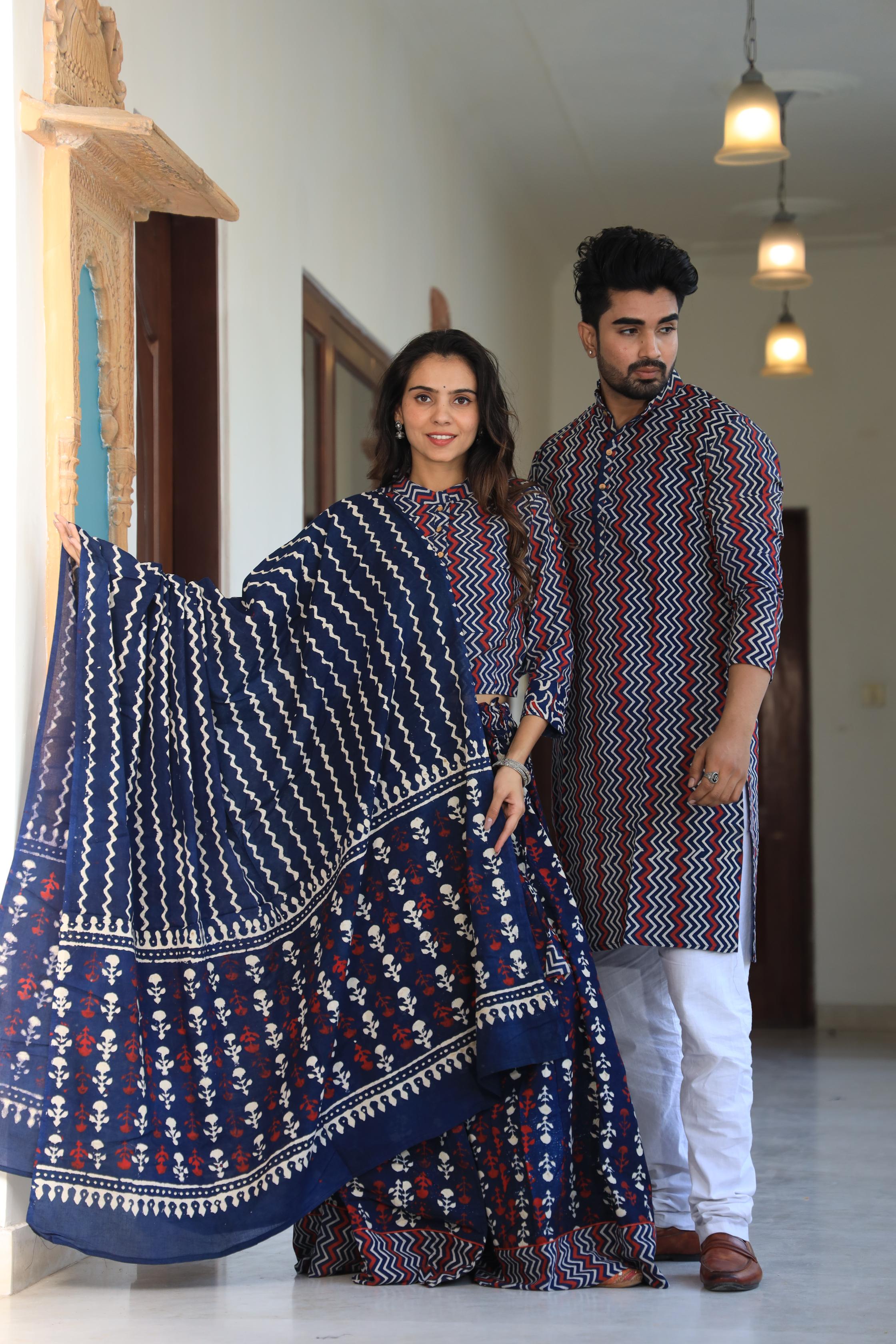 Navy Blue Zigzag Hand-Printed Cotton Chaniya Choli & Kurta Couple Set