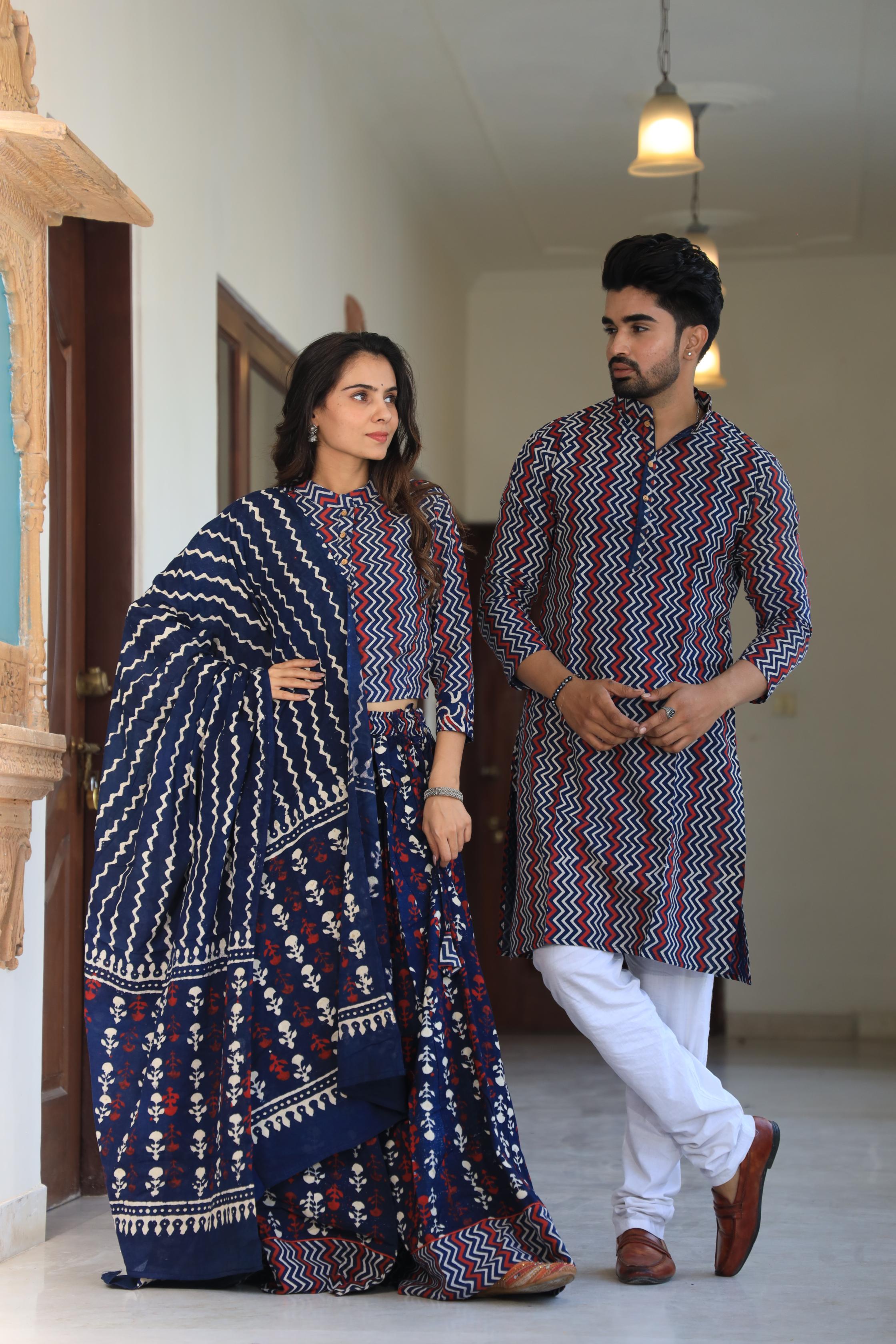 Navy Blue Zigzag Hand-Printed Cotton Chaniya Choli & Kurta Couple Set