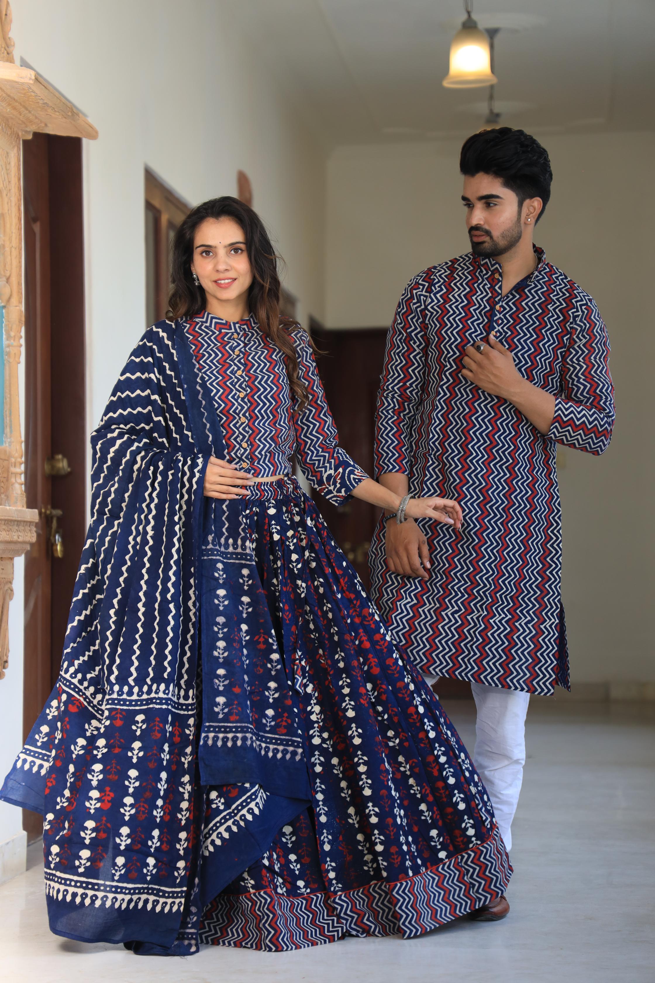 Navy Blue Zigzag Hand-Printed Cotton Chaniya Choli & Kurta Couple Set