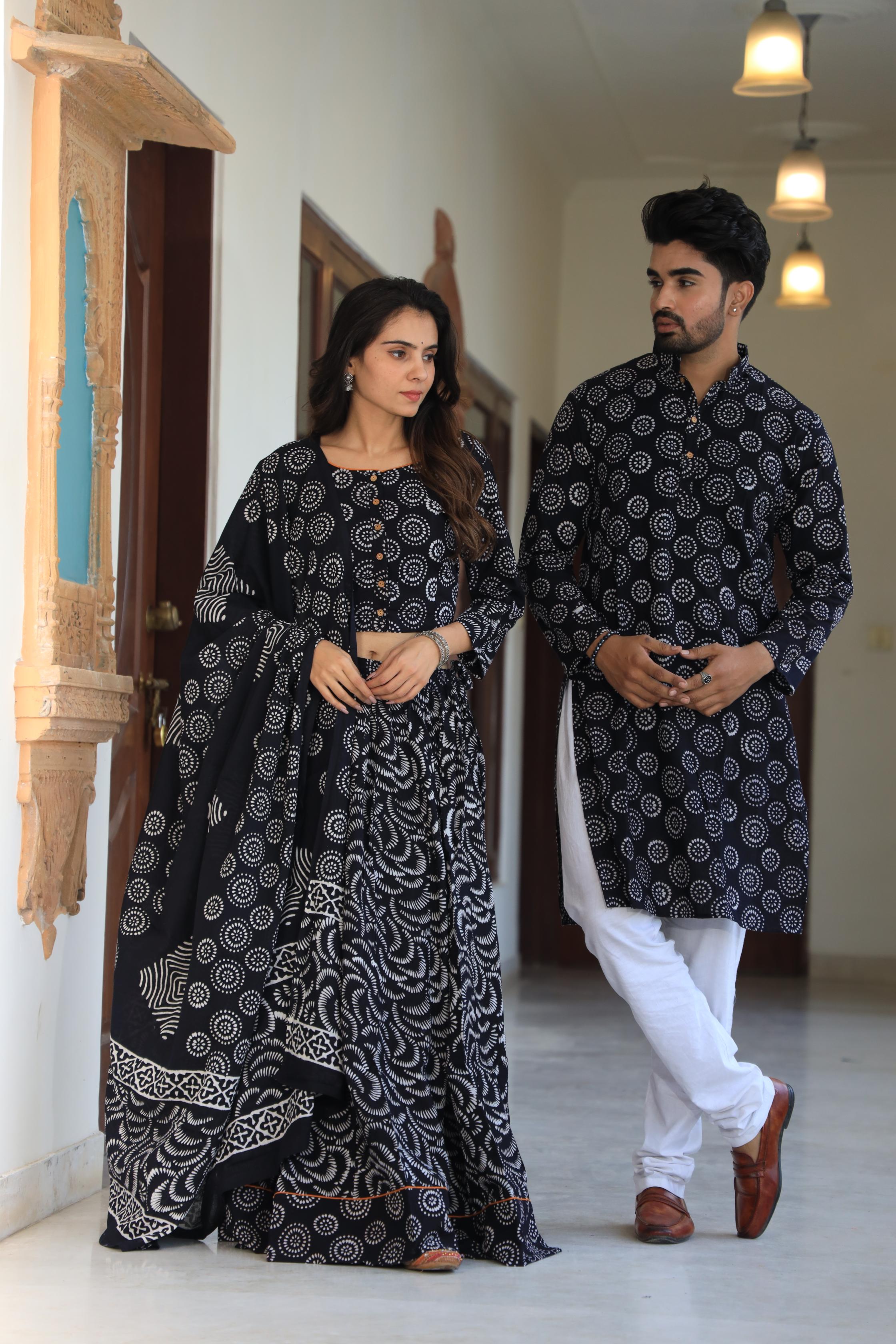 Black Hand-Printed Circular Motif Cotton Chaniya Choli & Kurta Couple Set