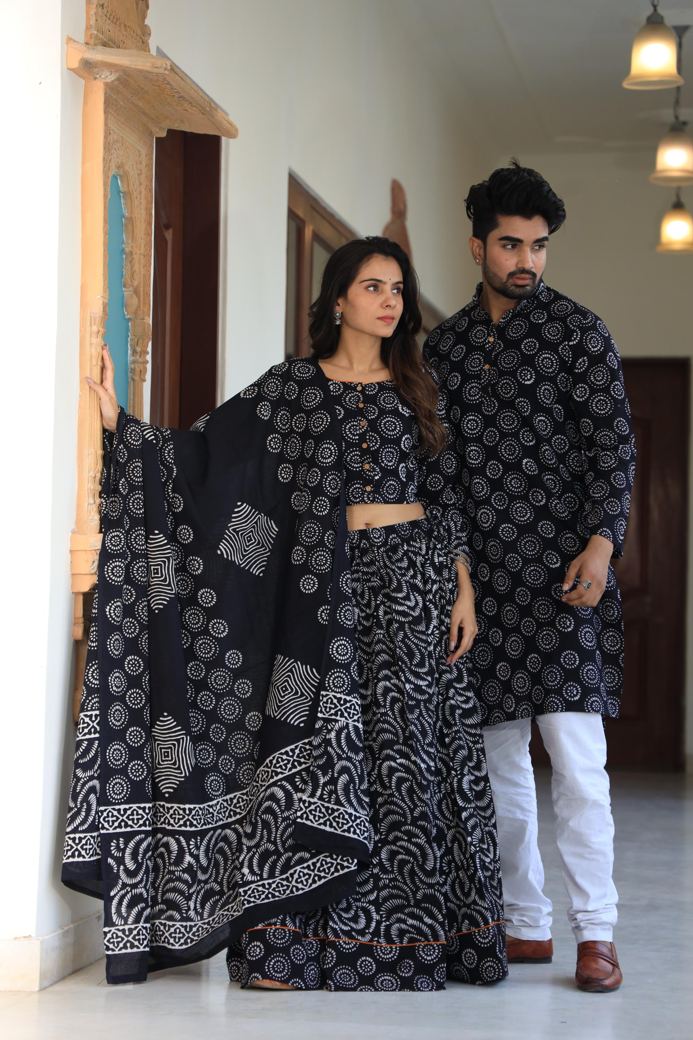 Black Hand-Printed Circular Motif Cotton Chaniya Choli & Kurta Couple Set