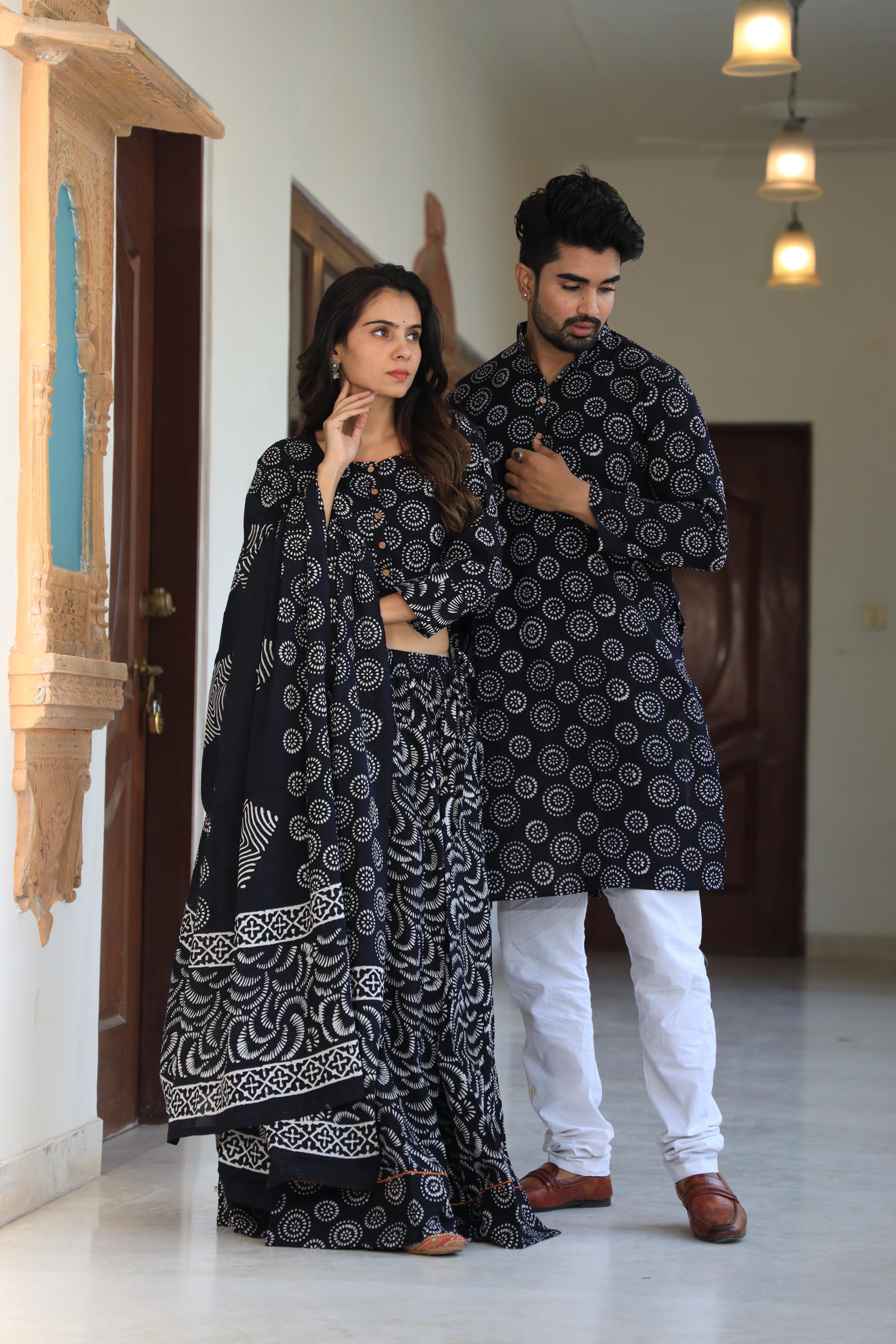 Black Hand-Printed Circular Motif Cotton Chaniya Choli & Kurta Couple Set
