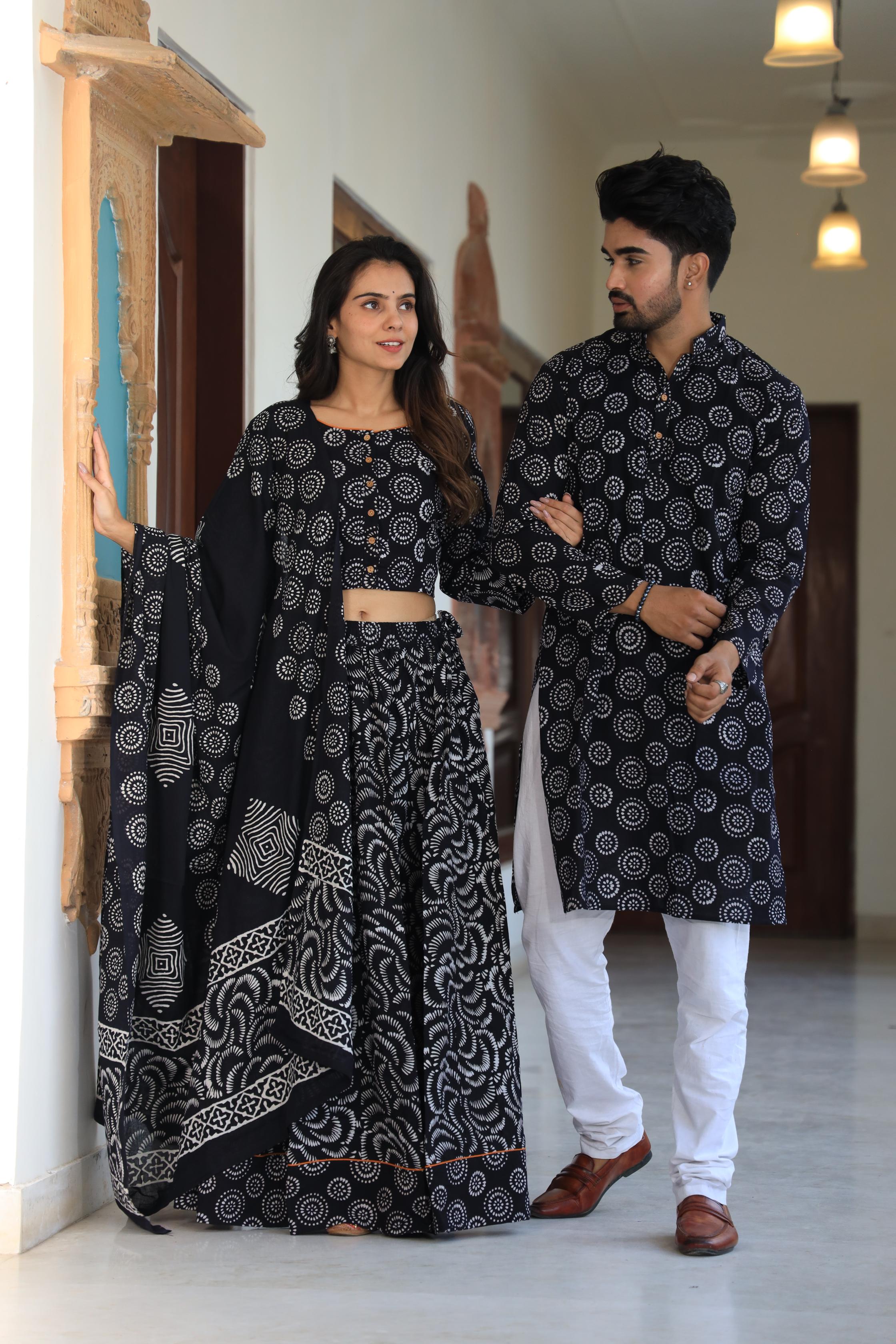 Black Hand-Printed Circular Motif Cotton Chaniya Choli & Kurta Couple Set