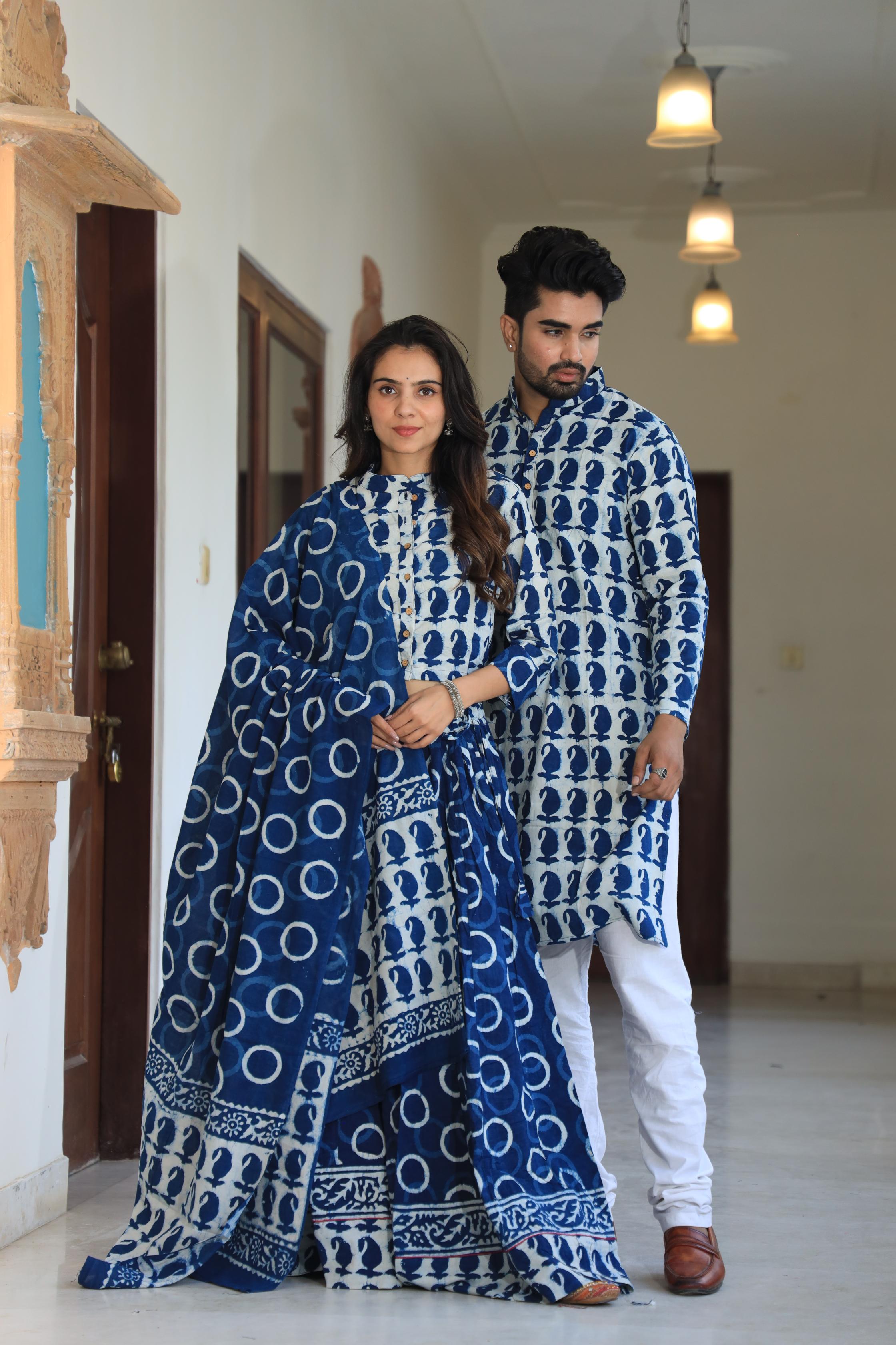 Indigo Blue Hand-Printed Cotton Chaniya Choli & Kurta Couple Set