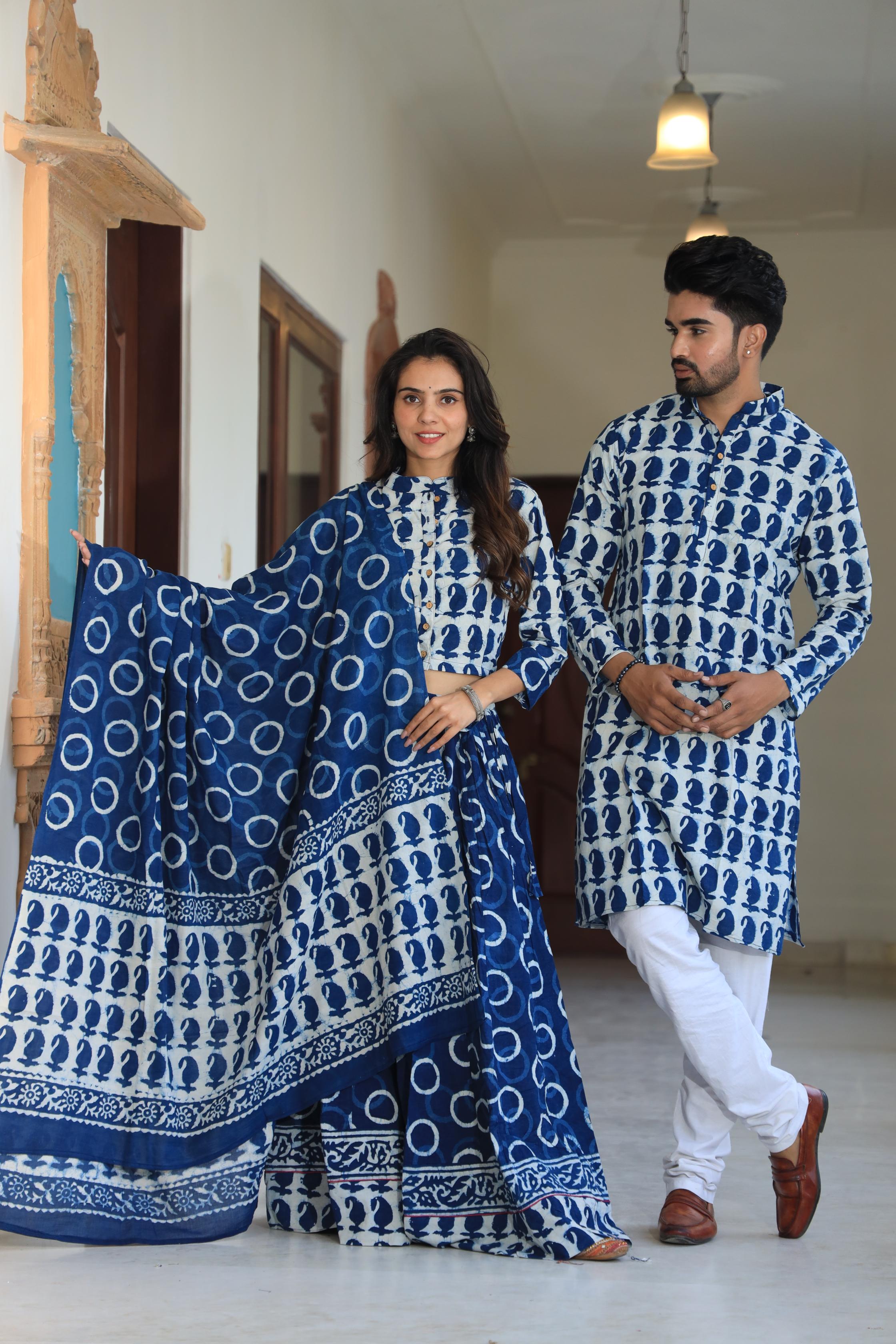 Indigo Blue Hand-Printed Cotton Chaniya Choli & Kurta Couple Set