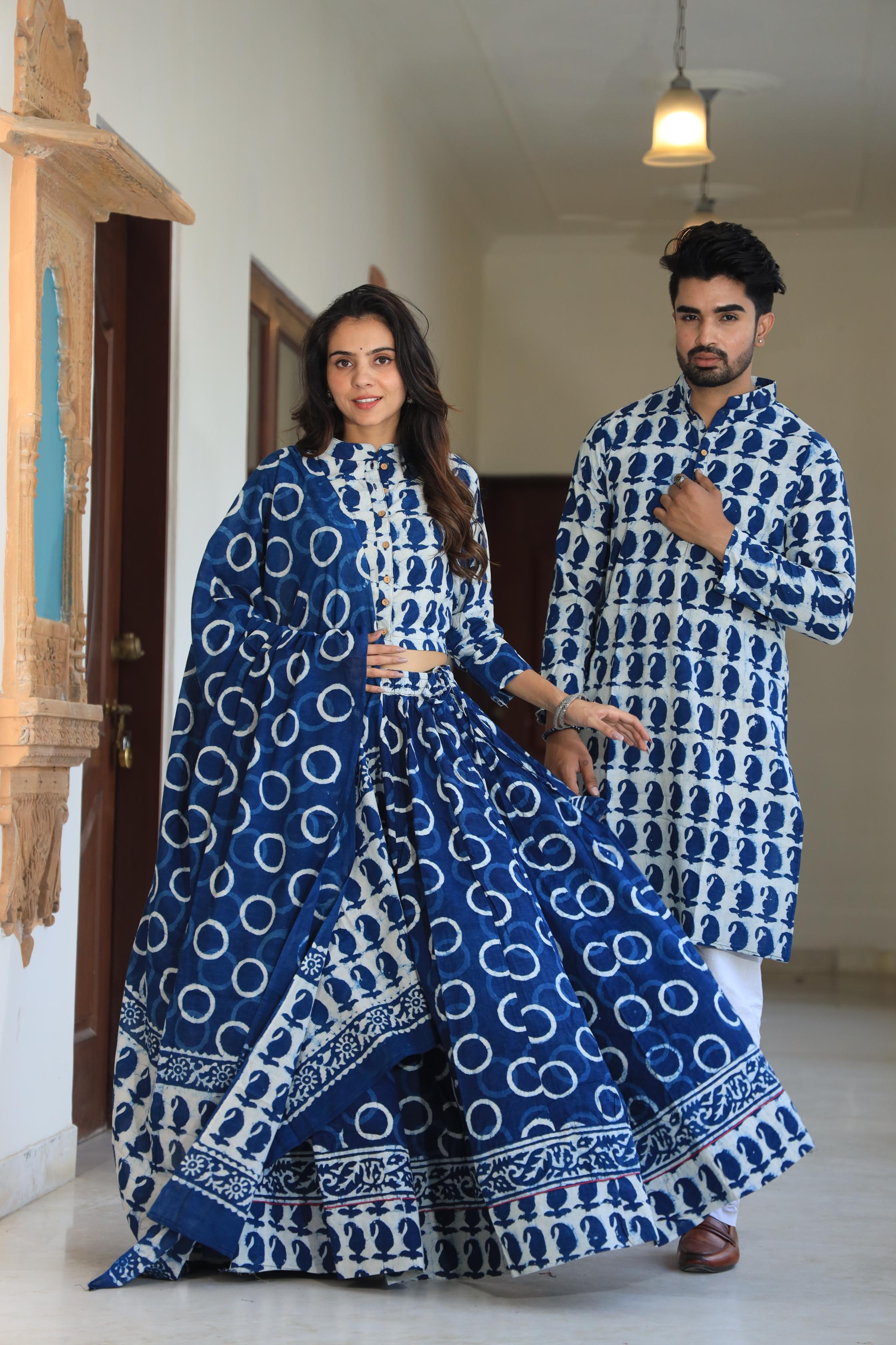 Indigo Blue Hand-Printed Cotton Chaniya Choli & Kurta Couple Set