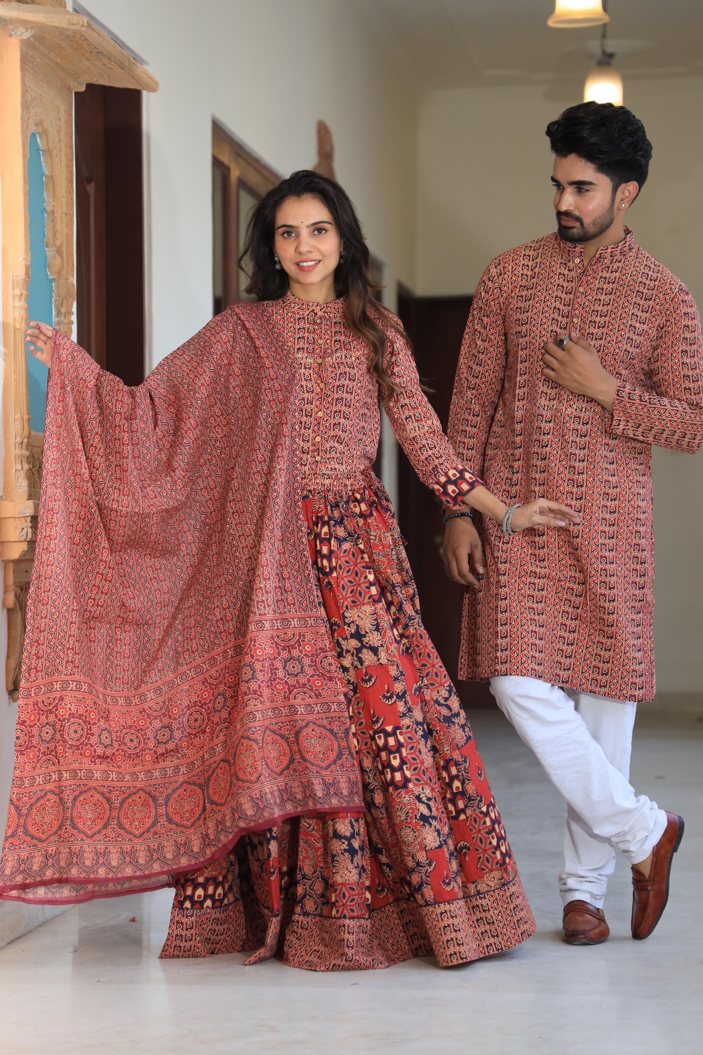 Earthy Red Hand-Printed Cotton Chaniya Choli & Kurta Couple Set