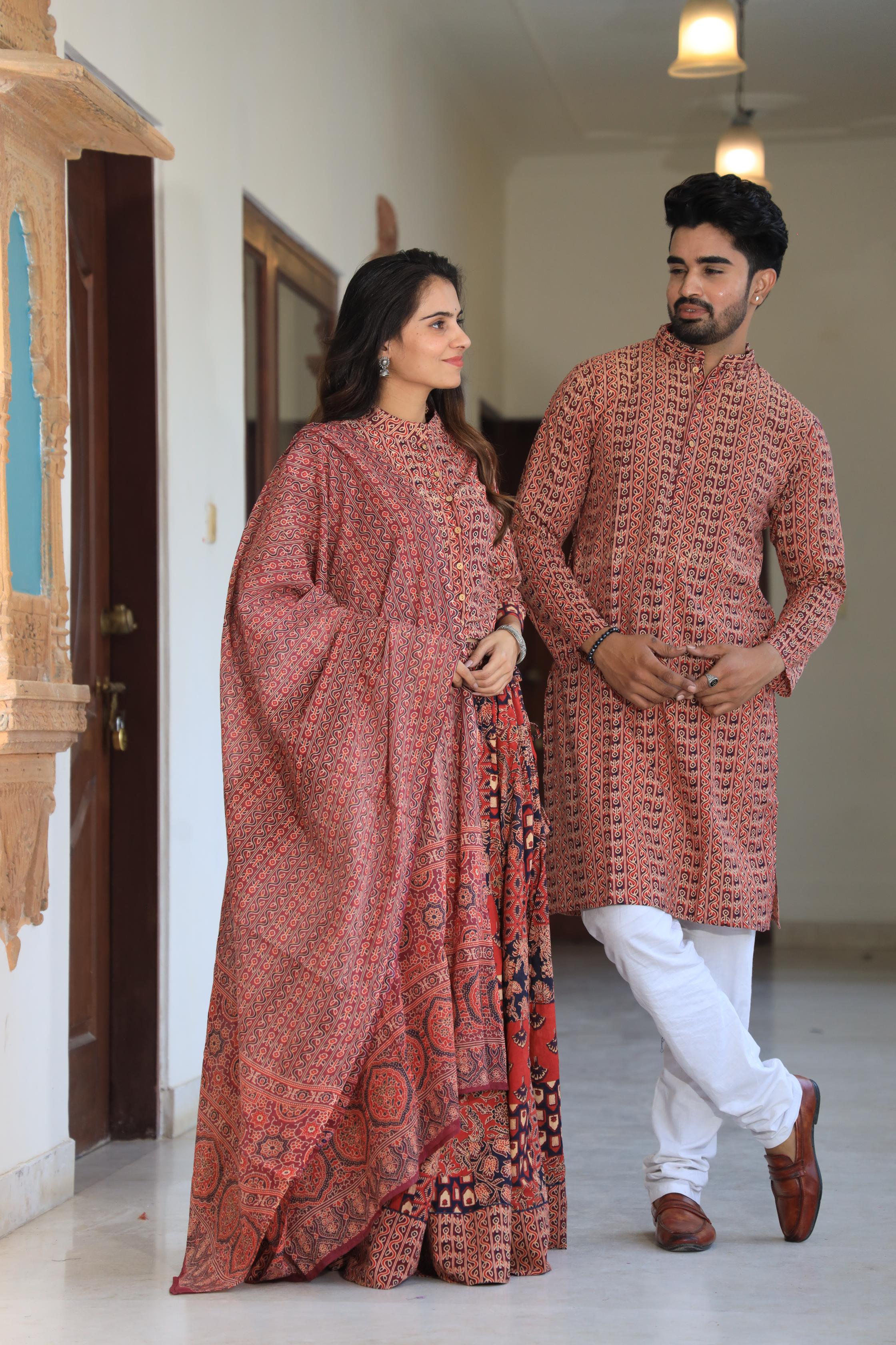 Earthy Red Hand-Printed Cotton Chaniya Choli & Kurta Couple Set