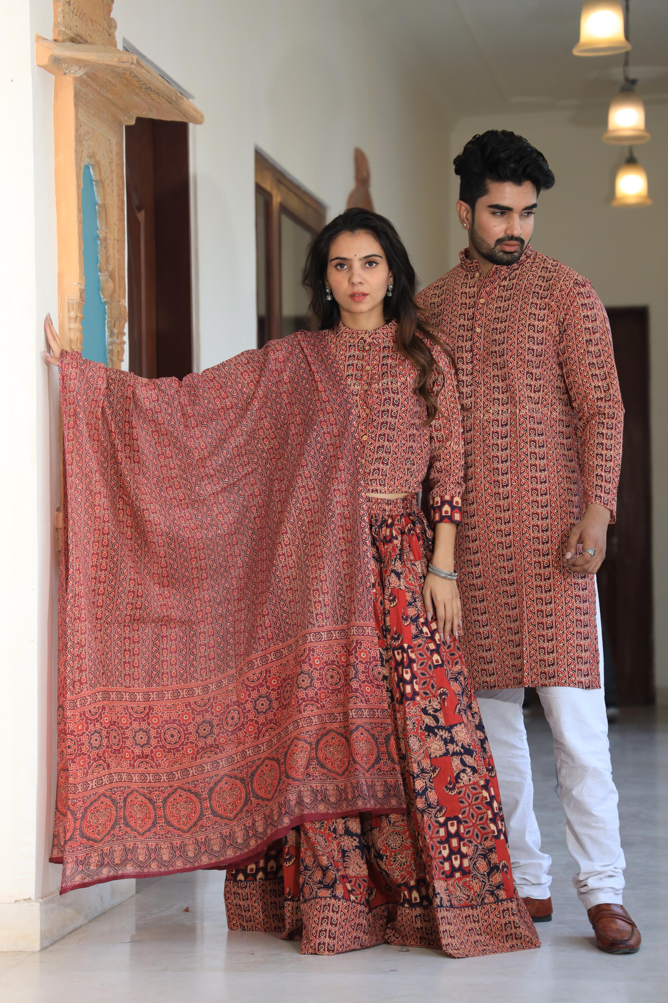 Earthy Red Hand-Printed Cotton Chaniya Choli & Kurta Couple Set