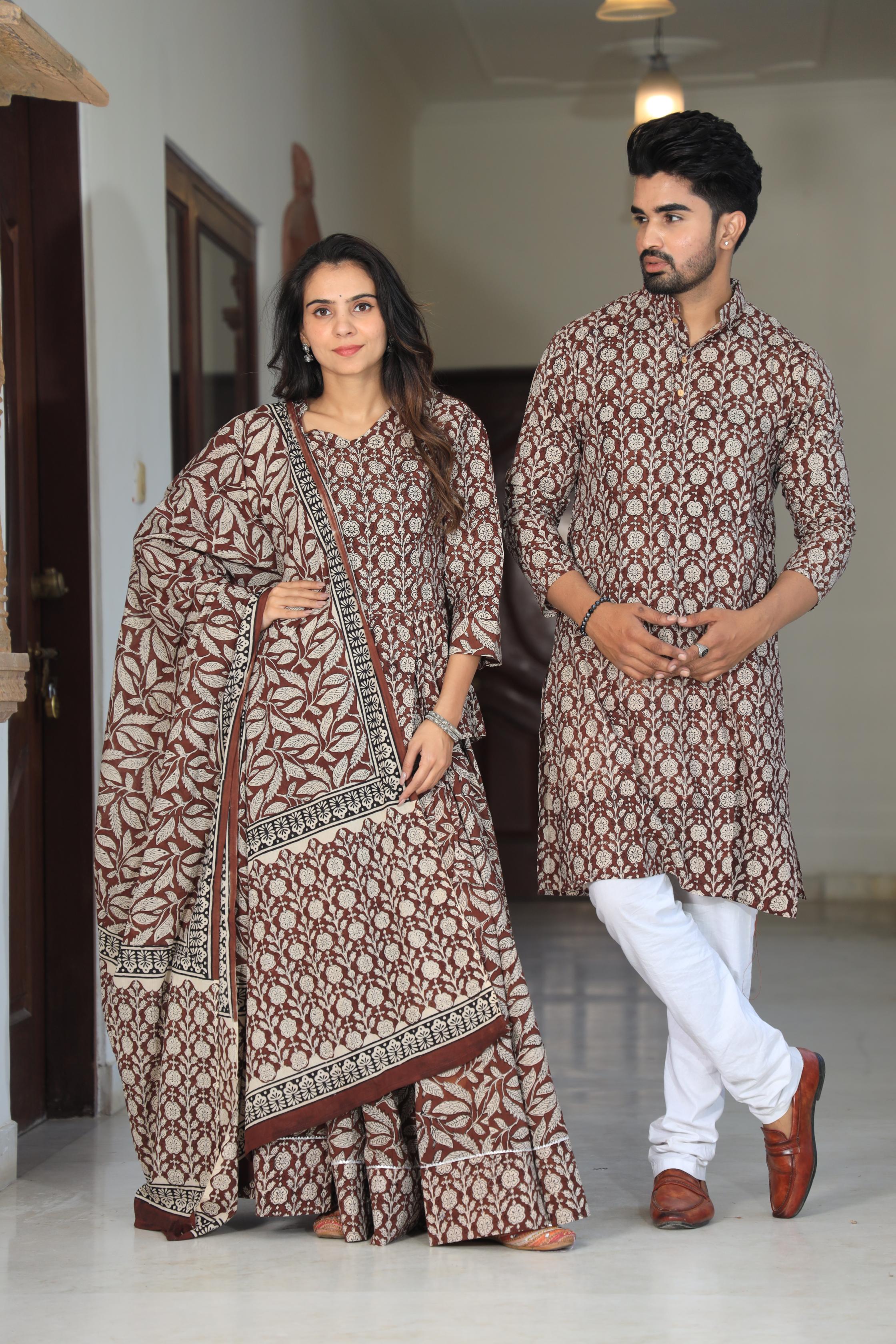 Brown Floral Hand-Printed Cotton Chaniya Choli & Kurta Couple Set