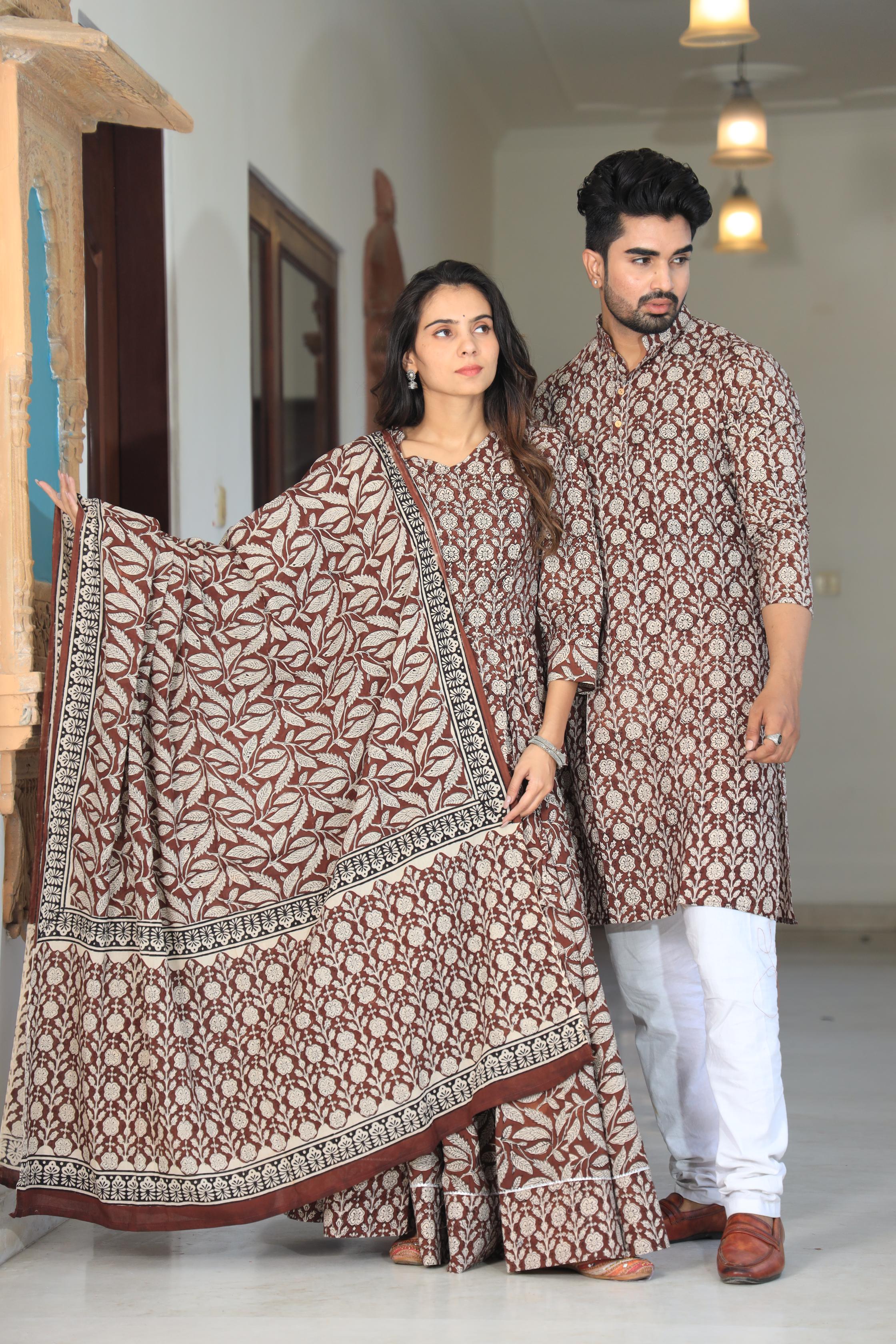 Brown Floral Hand-Printed Cotton Chaniya Choli & Kurta Couple Set
