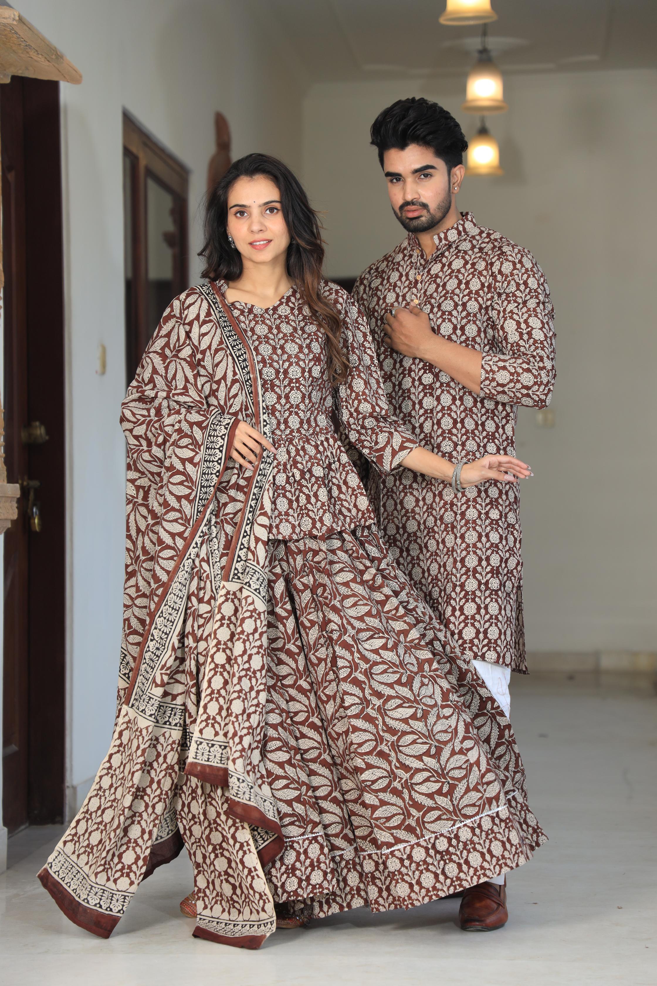 Brown Floral Hand-Printed Cotton Chaniya Choli & Kurta Couple Set