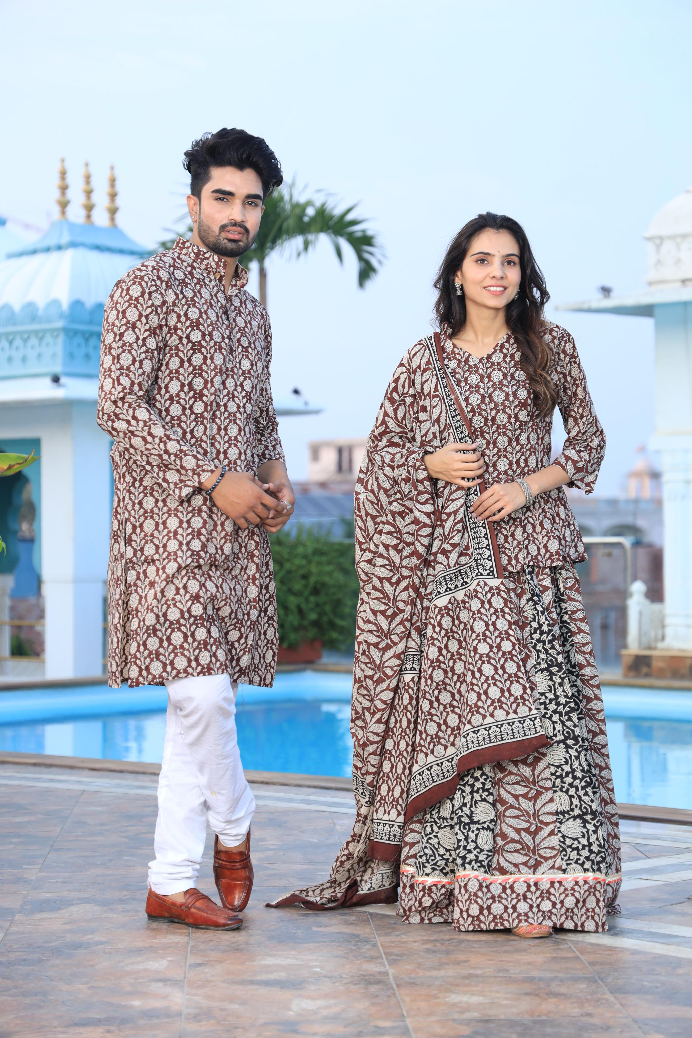 Brown Floral Hand-Printed Cotton Chaniya Choli & Kurta Couple Set