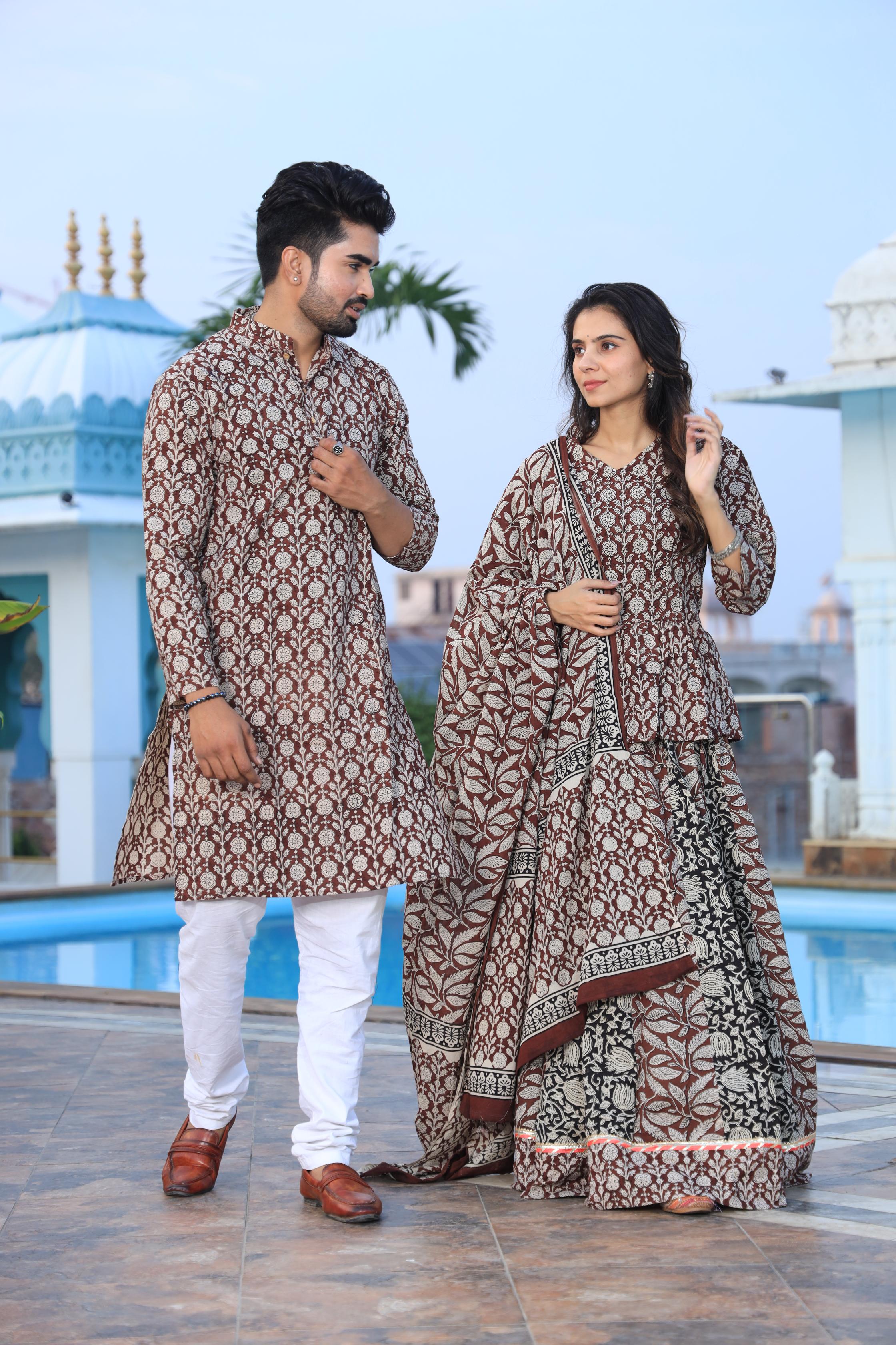 Brown Floral Hand-Printed Cotton Chaniya Choli & Kurta Couple Set