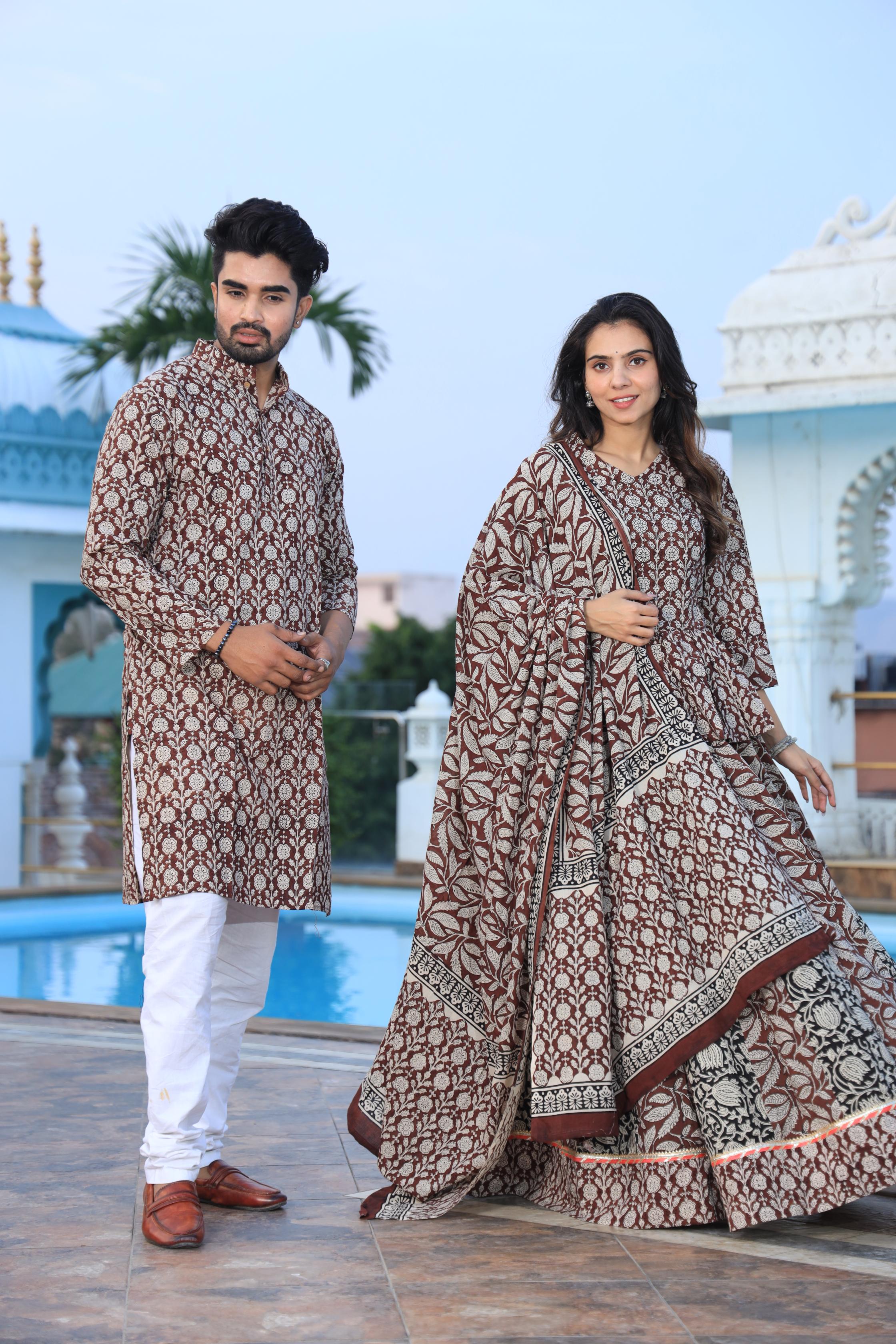 Brown Floral Hand-Printed Cotton Chaniya Choli & Kurta Couple Set