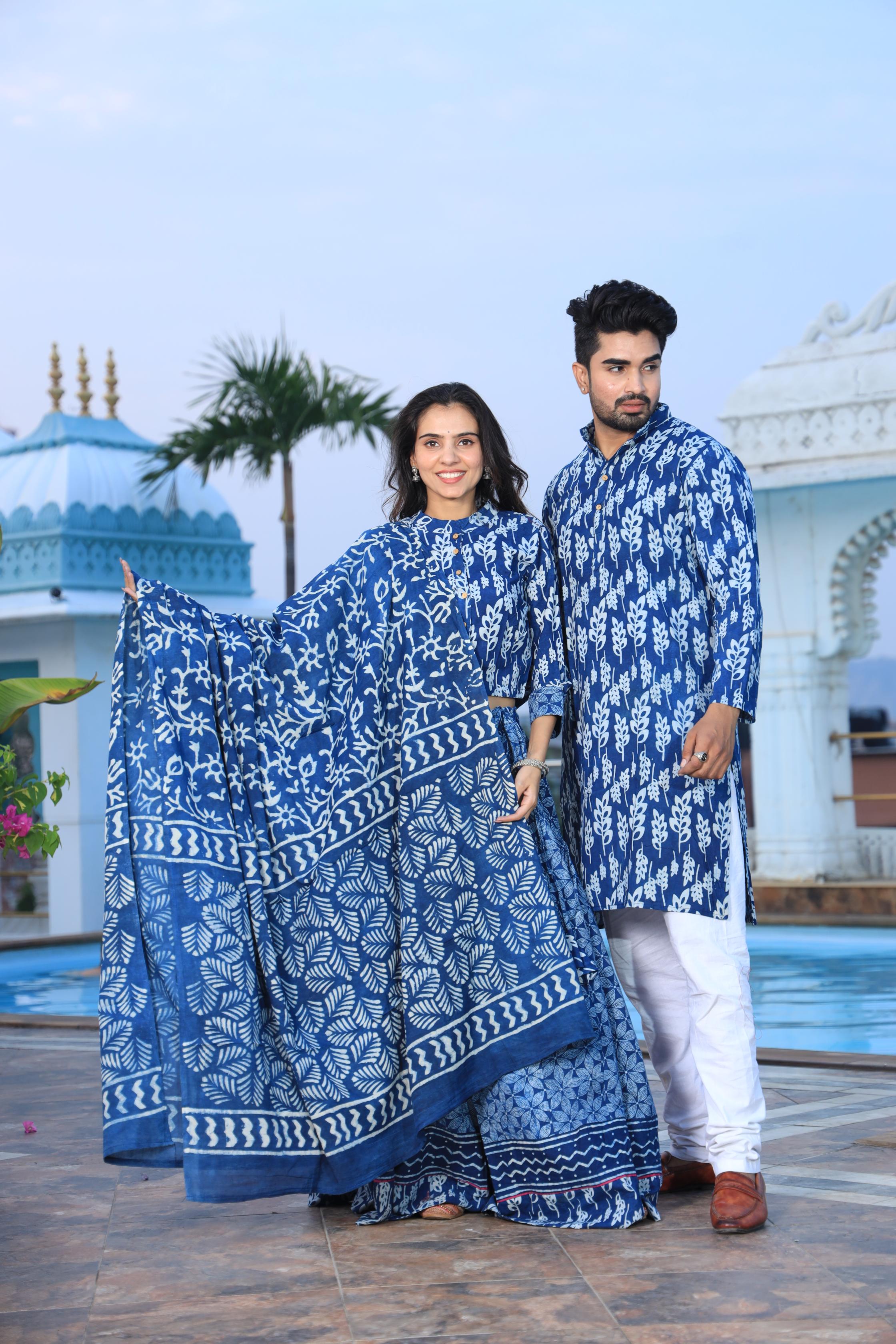 Vibrant Blue Hand-Printed Cotton Chaniya Choli & Kurta Couple Set