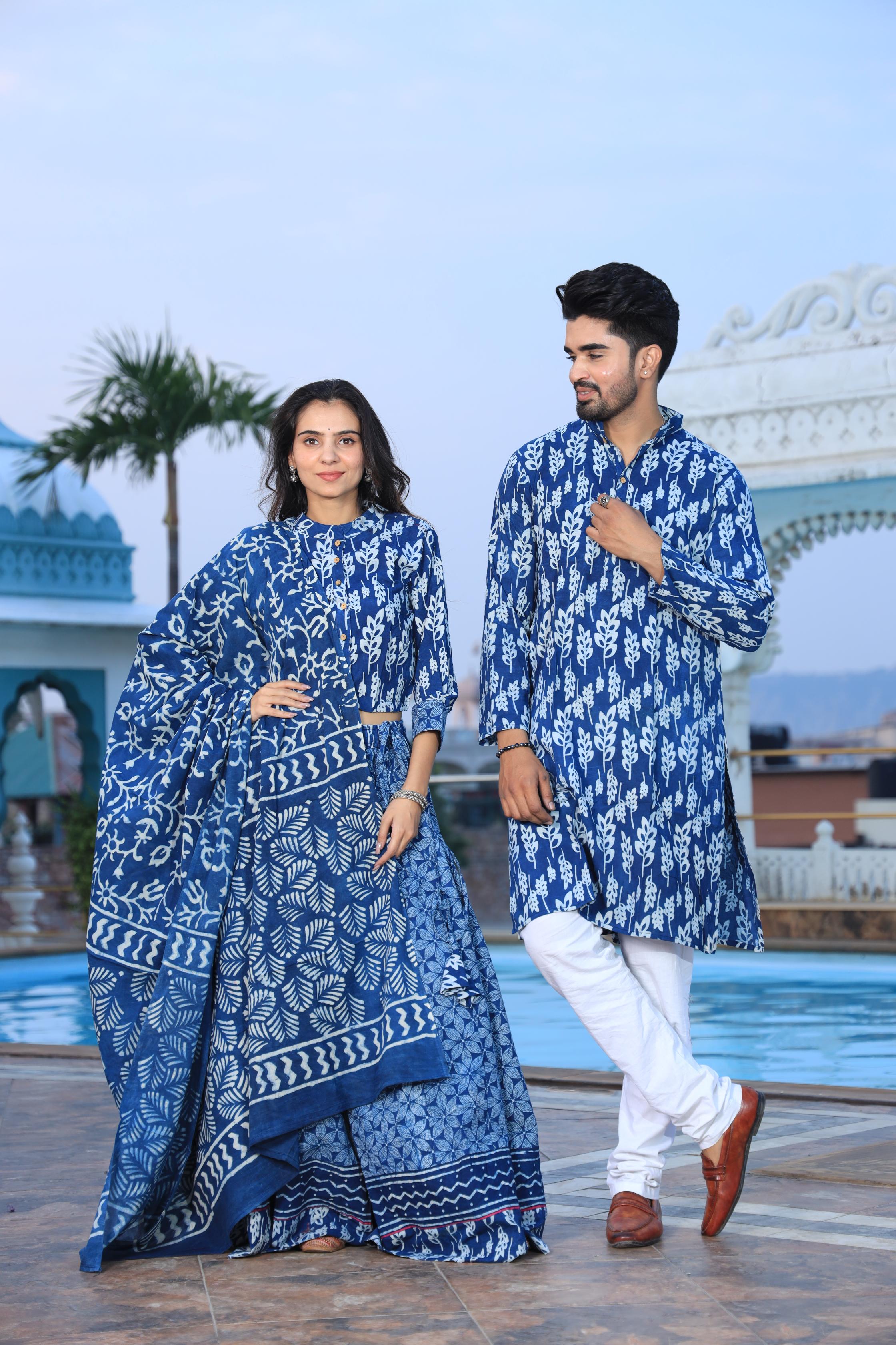 Vibrant Blue Hand-Printed Cotton Chaniya Choli & Kurta Couple Set
