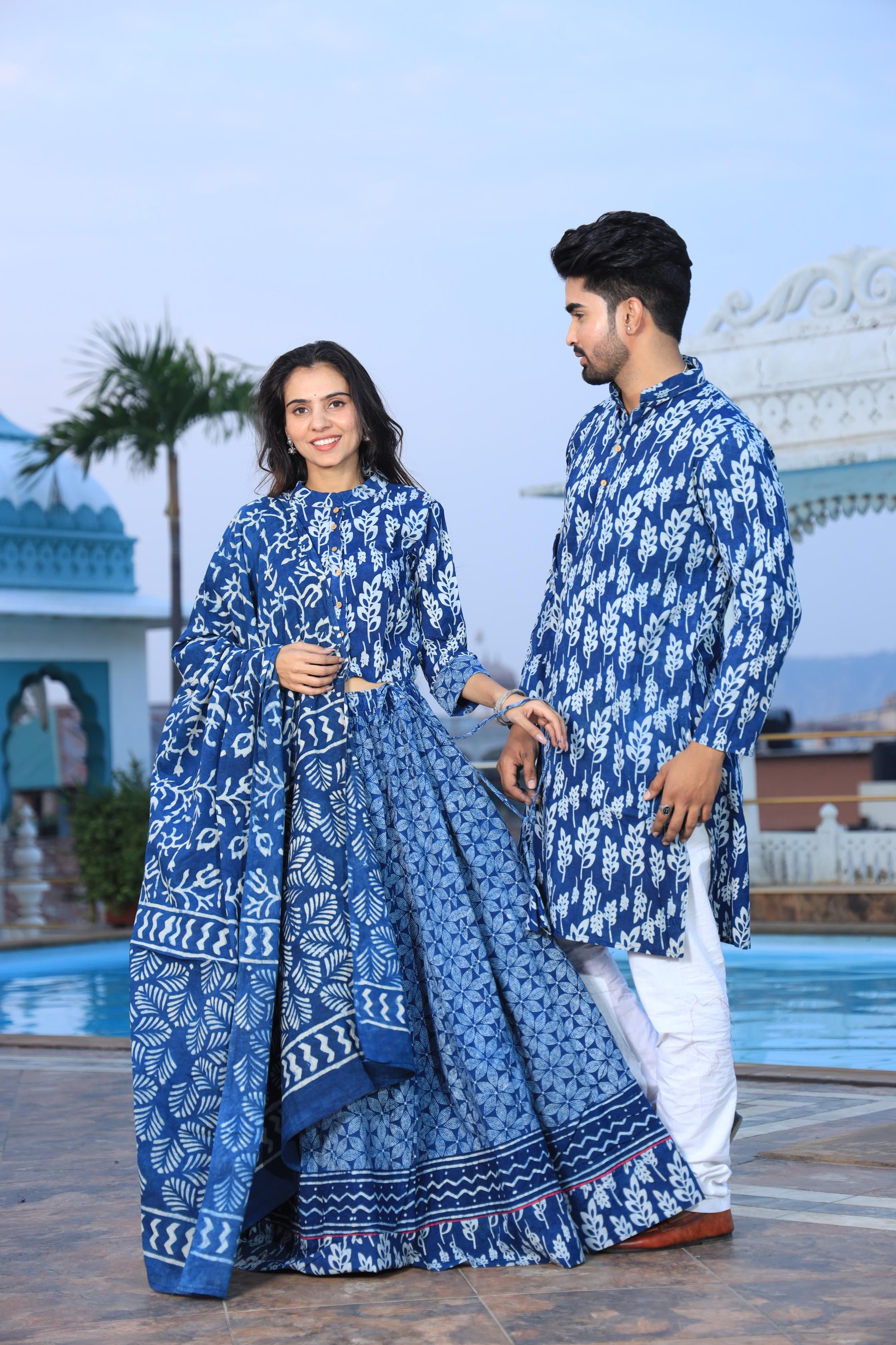 Vibrant Blue Hand-Printed Cotton Chaniya Choli & Kurta Couple Set