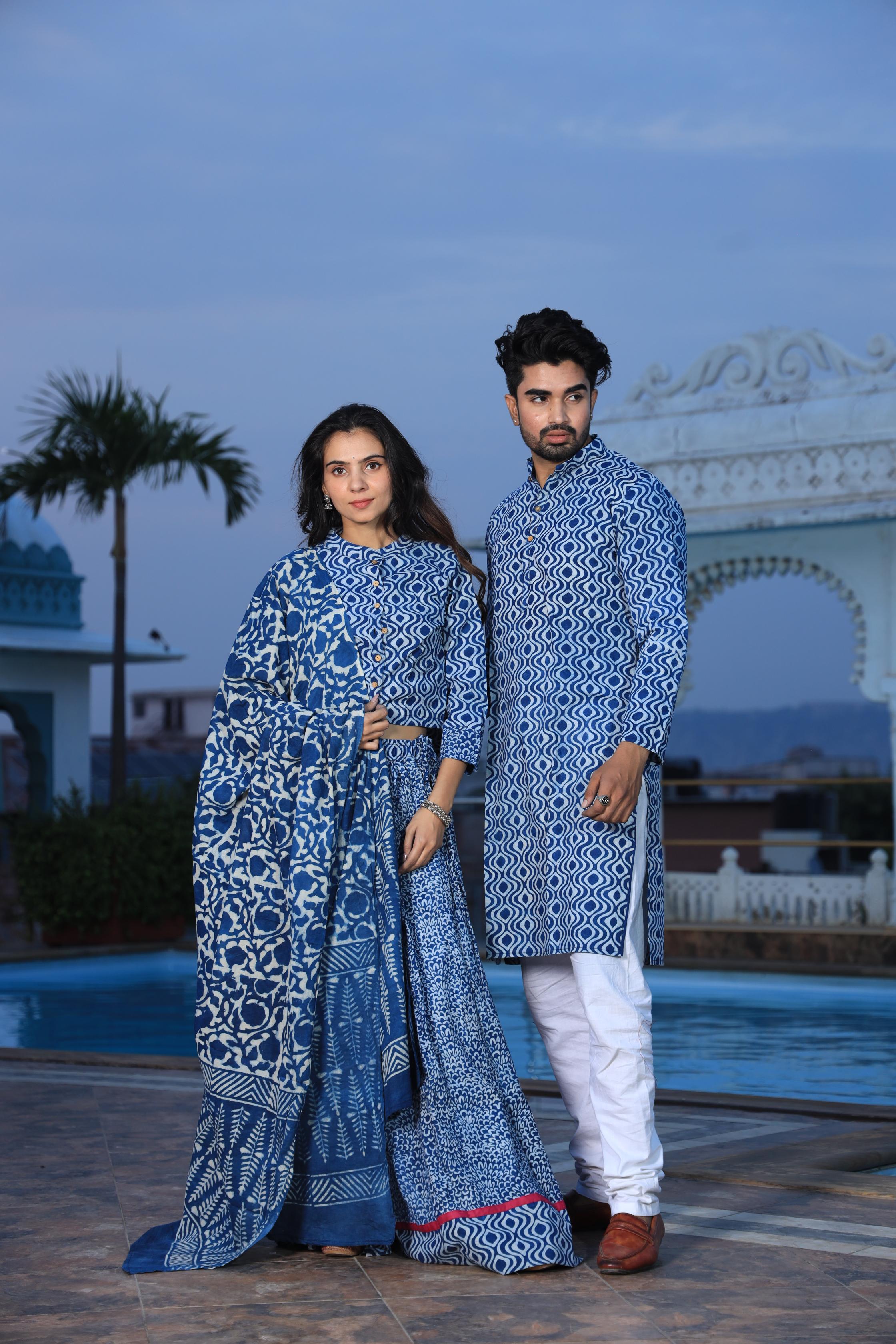 Indigo Blue Geometric Hand-Printed Cotton Chaniya Choli & Kurta Couple Set