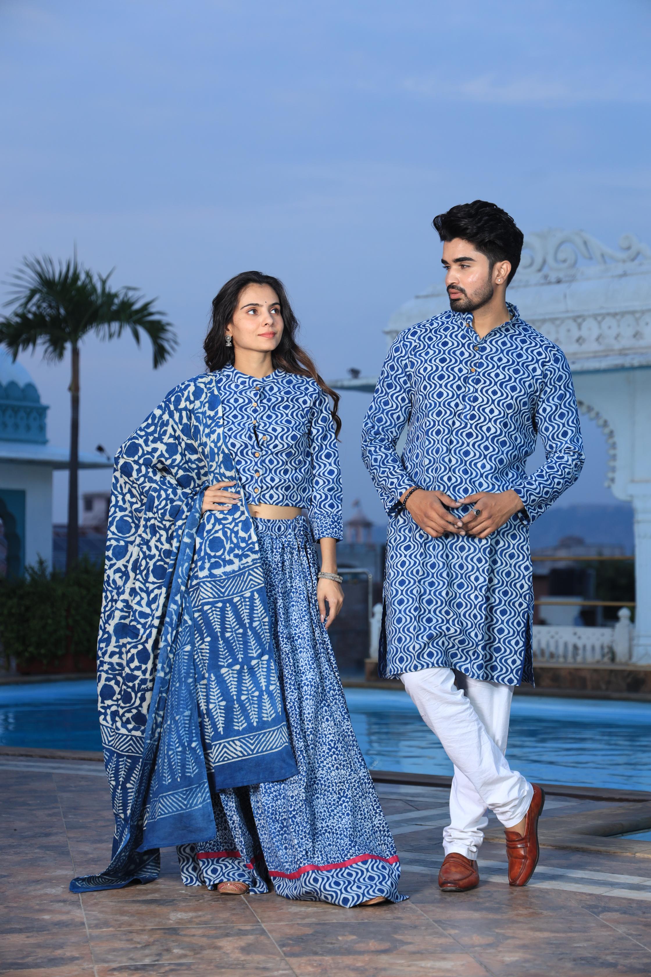 Indigo Blue Geometric Hand-Printed Cotton Chaniya Choli & Kurta Couple Set