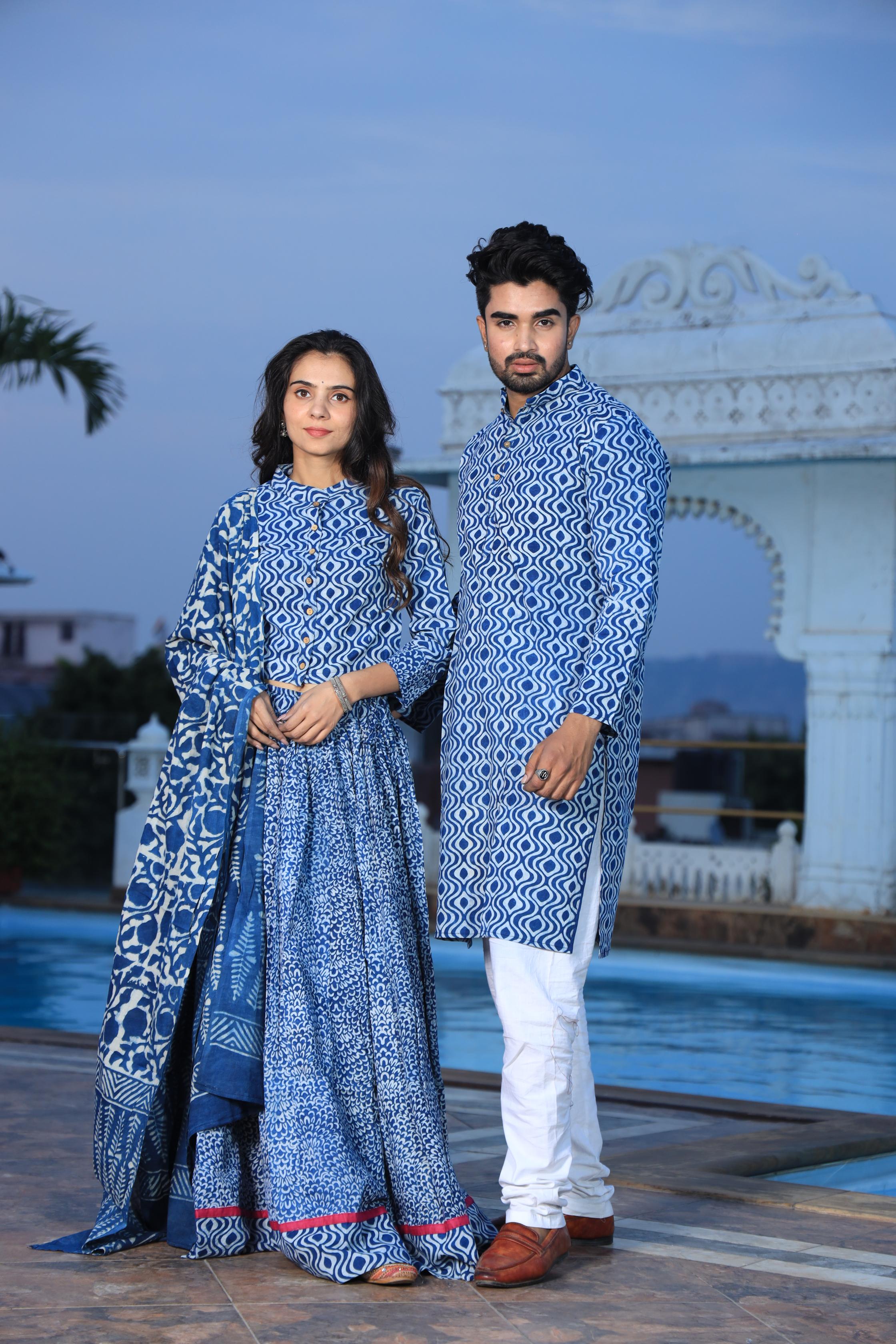 Indigo Blue Geometric Hand-Printed Cotton Chaniya Choli & Kurta Couple Set