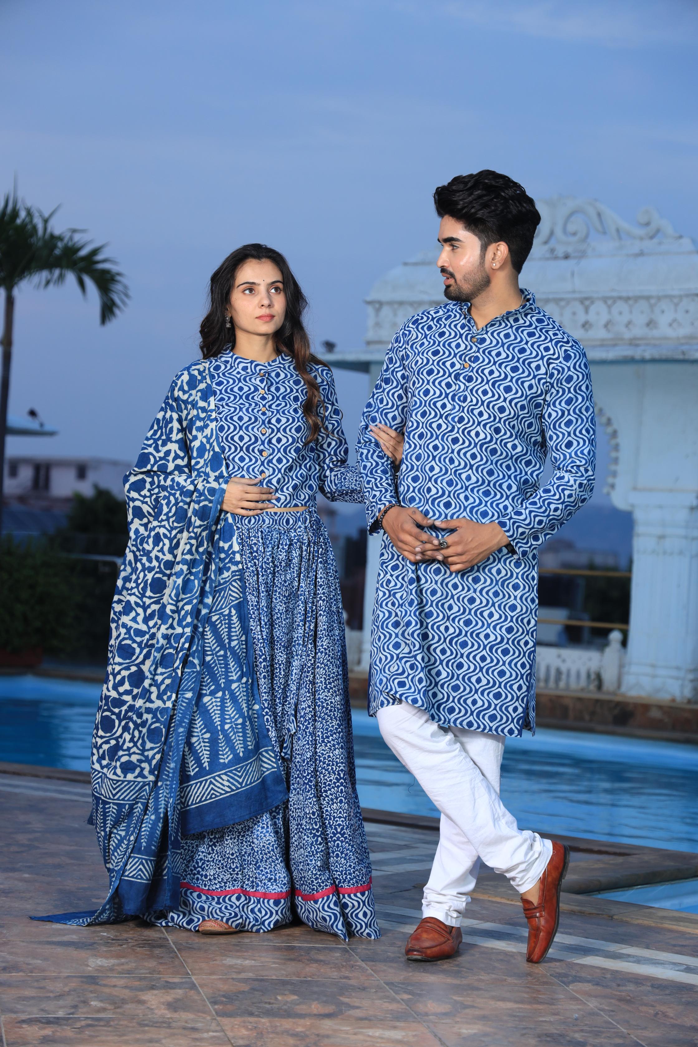 Indigo Blue Geometric Hand-Printed Cotton Chaniya Choli & Kurta Couple Set