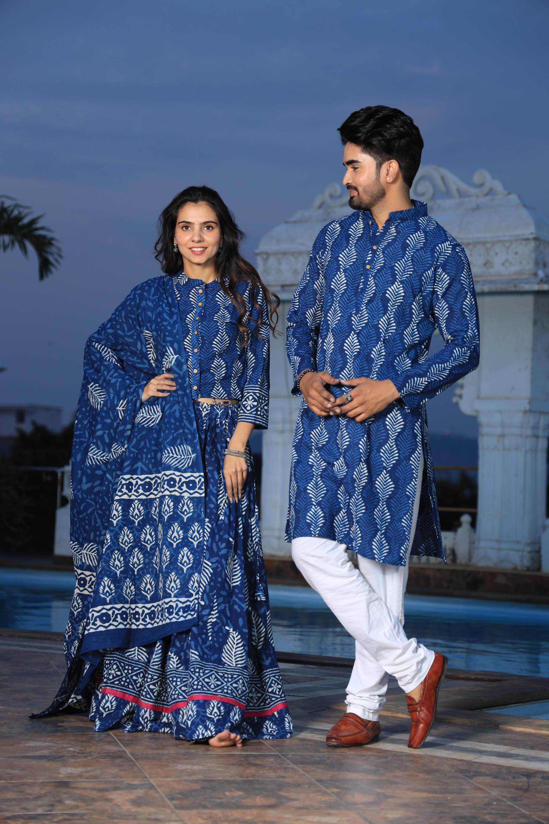 Indigo Blue Fern Hand-Printed Cotton Chaniya Choli & Kurta Couple Set