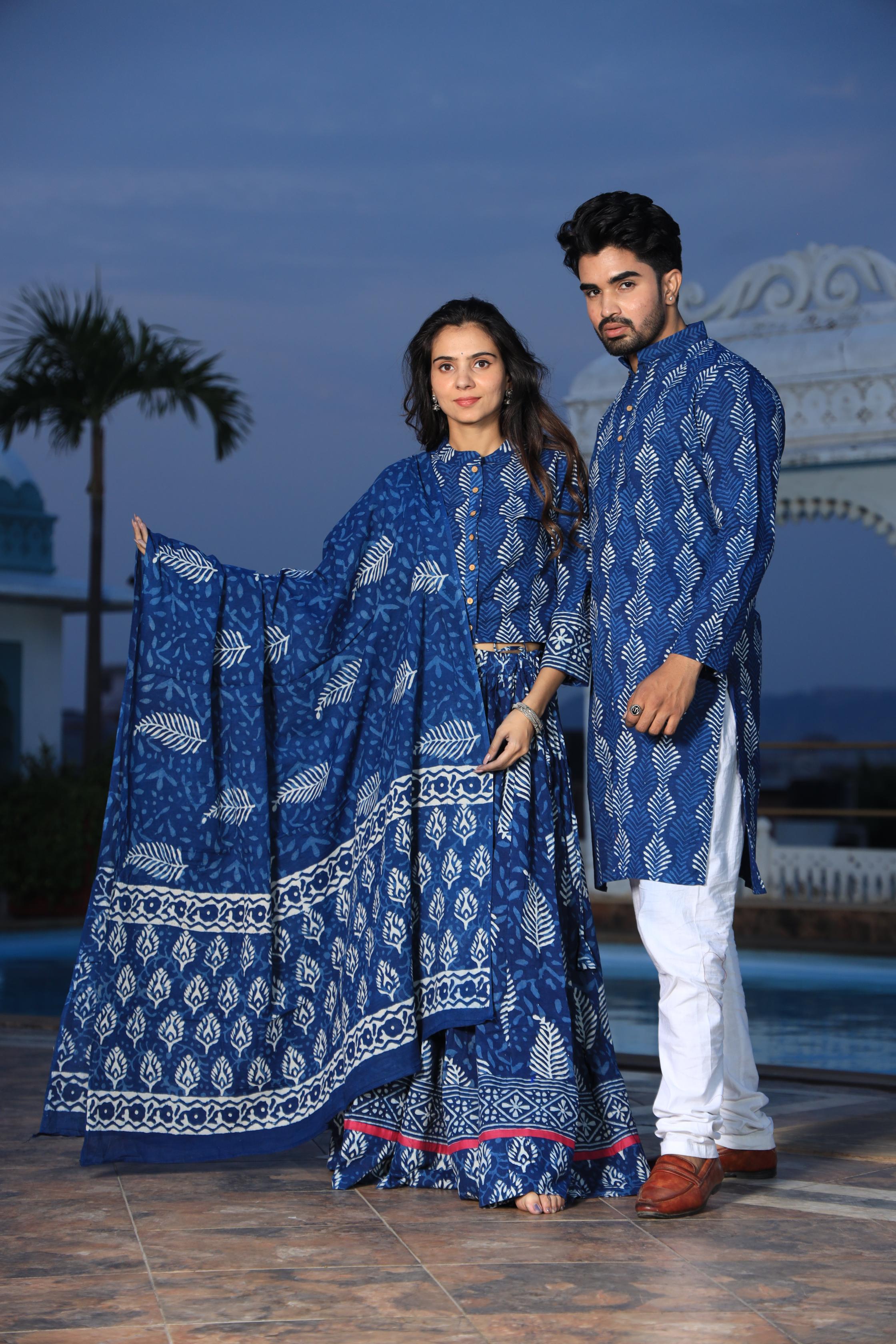 Indigo Blue Fern Hand-Printed Cotton Chaniya Choli & Kurta Couple Set