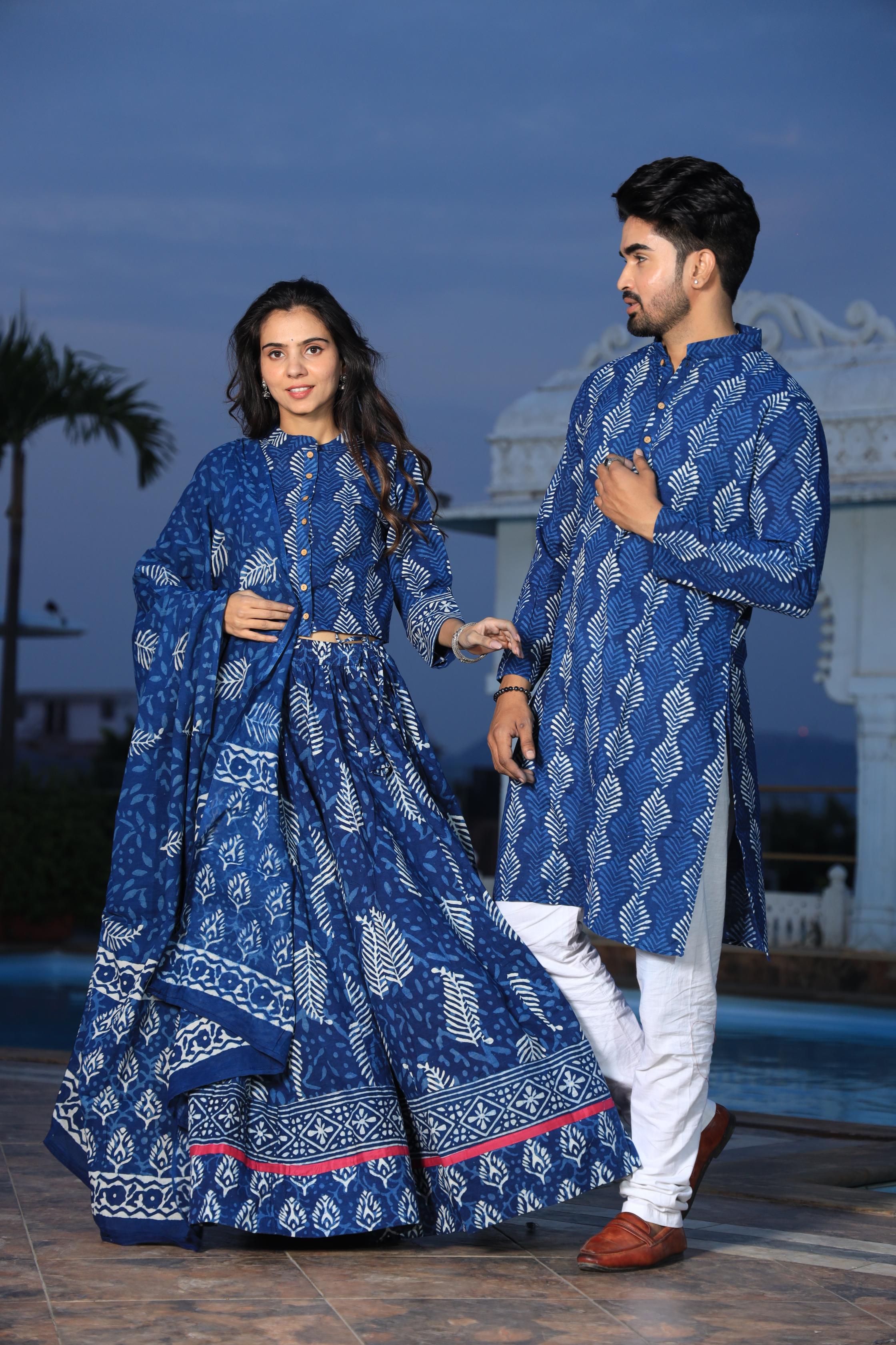 Indigo Blue Fern Hand-Printed Cotton Chaniya Choli & Kurta Couple Set