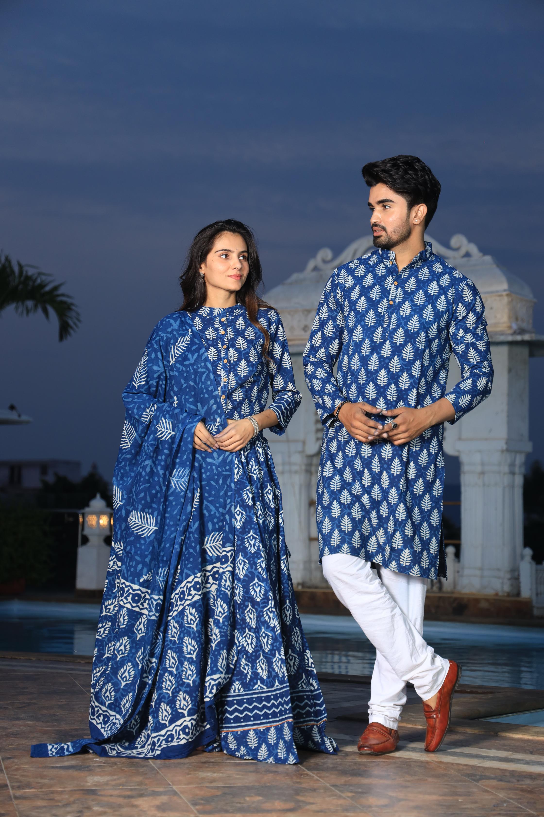 Deep Blue Leaf Hand-Printed Cotton Chaniya Choli & Kurta Couple Set
