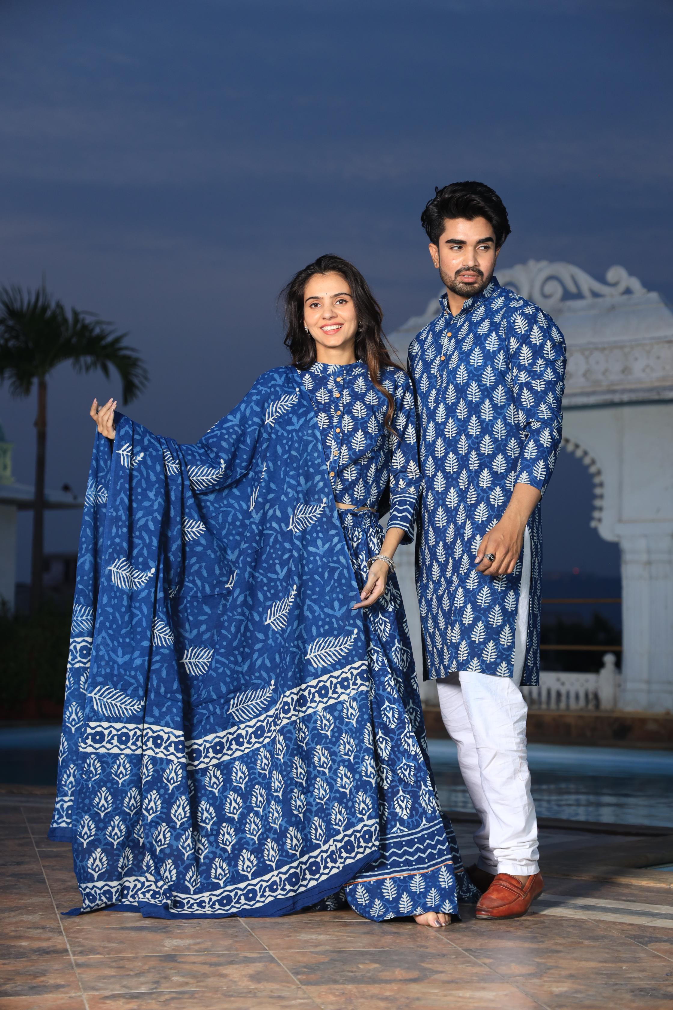 Deep Blue Leaf Hand-Printed Cotton Chaniya Choli & Kurta Couple Set